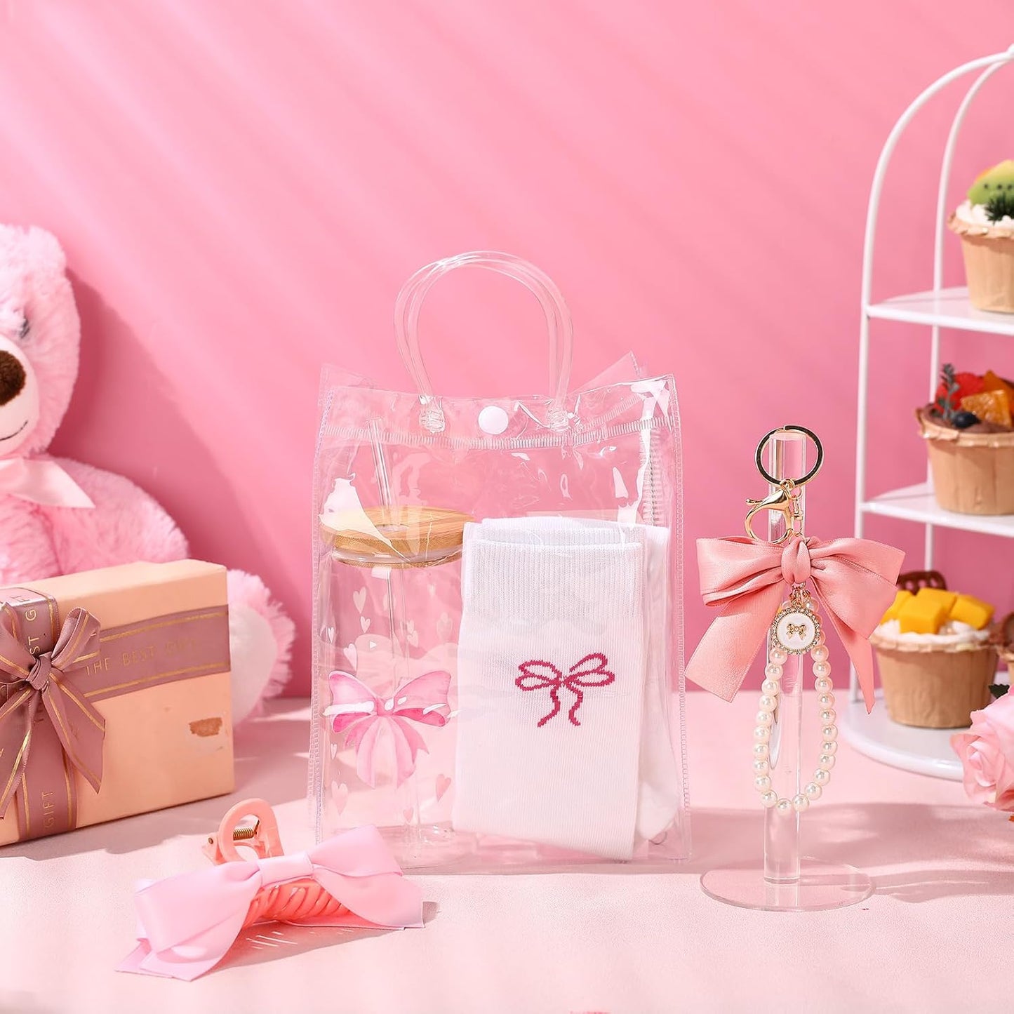 5 Pcs Mother's Day Pink Bow Gift Set with Cute Bow Keychain, Aesthetic Cup, Socks, Clear Gift Bag, Bows Claw Clips Coquette Stuff for Girls Women Friends Birthday BST326H