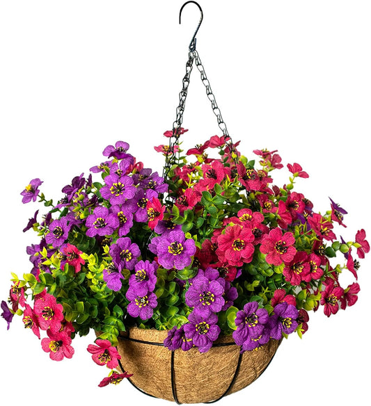 Artificial Hanging Flowers, UV Resistant, 12 Bundles, Fuchsia Red | Includes 12 bundles with basket. Realistic faux flowers for porch, patio, garden and outdoor decoration. BST326H