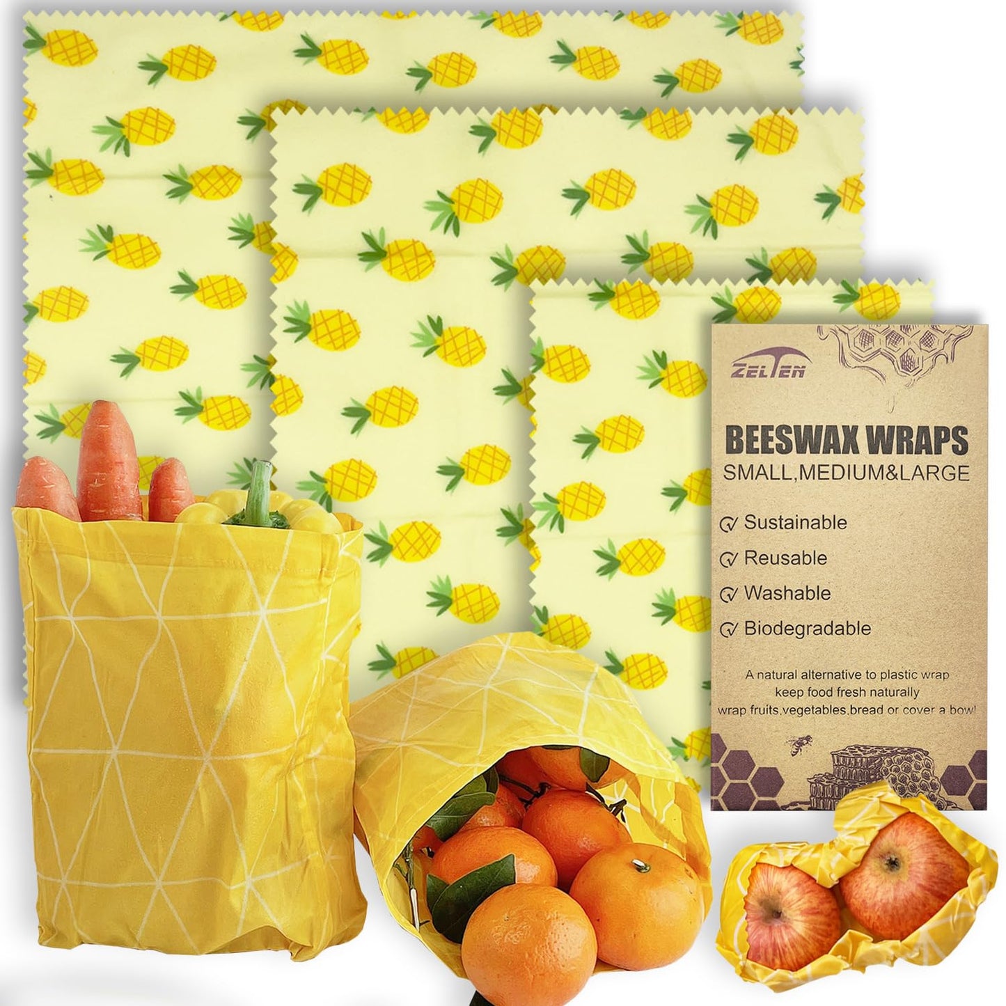 Beeswax Reusable Food Wraps - (6 Packs, 3 Sizes S,M,L, with 2 Meter Hemp Rope, Two Buttons) Plastic and Silicone Free, Eco-friendly Wrap, Wax Paper for Food,Flower BST220