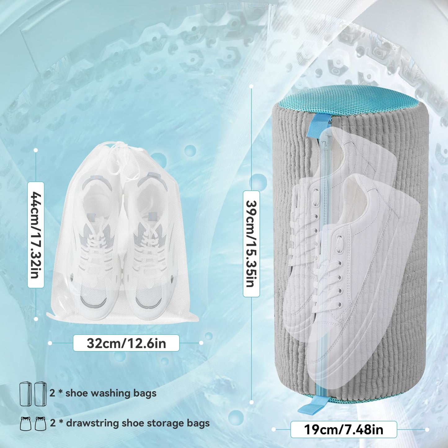 Shoe Washing Machine Bag, 2 Pack Green Shoe Bag for Washing Machine for Sneakers with Safety Hook Zipper, Reusable Shoe Laundry Bags BST326H