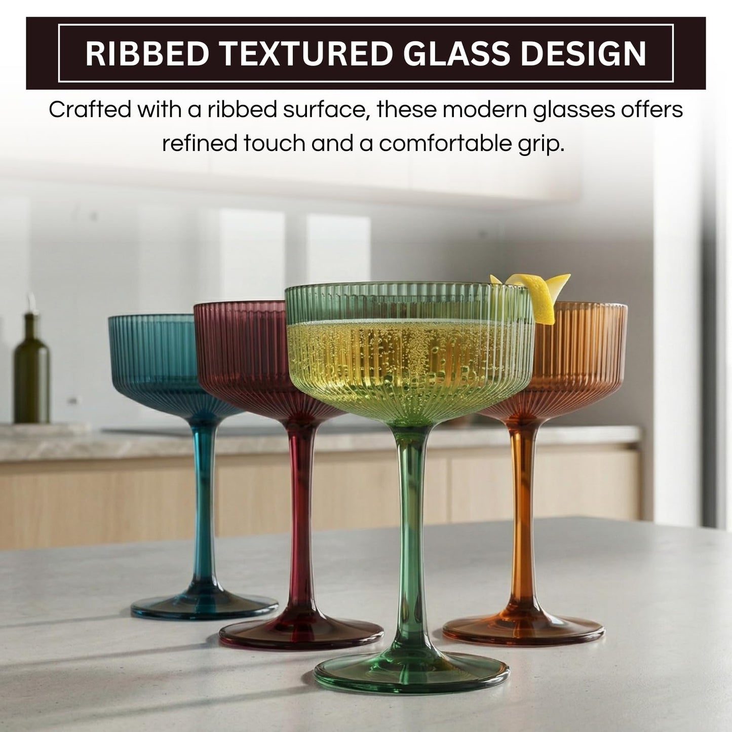 Khen Pink Peach Acrylic Ribbed Coupe Martini Champagne Cocktail Glasses, Set of 4, 8 oz Shatterproof Ripple Stemware European Style Reusable Drinkware Goblets, Indoor Outdoor Parties Weddings Bar Gift BST220