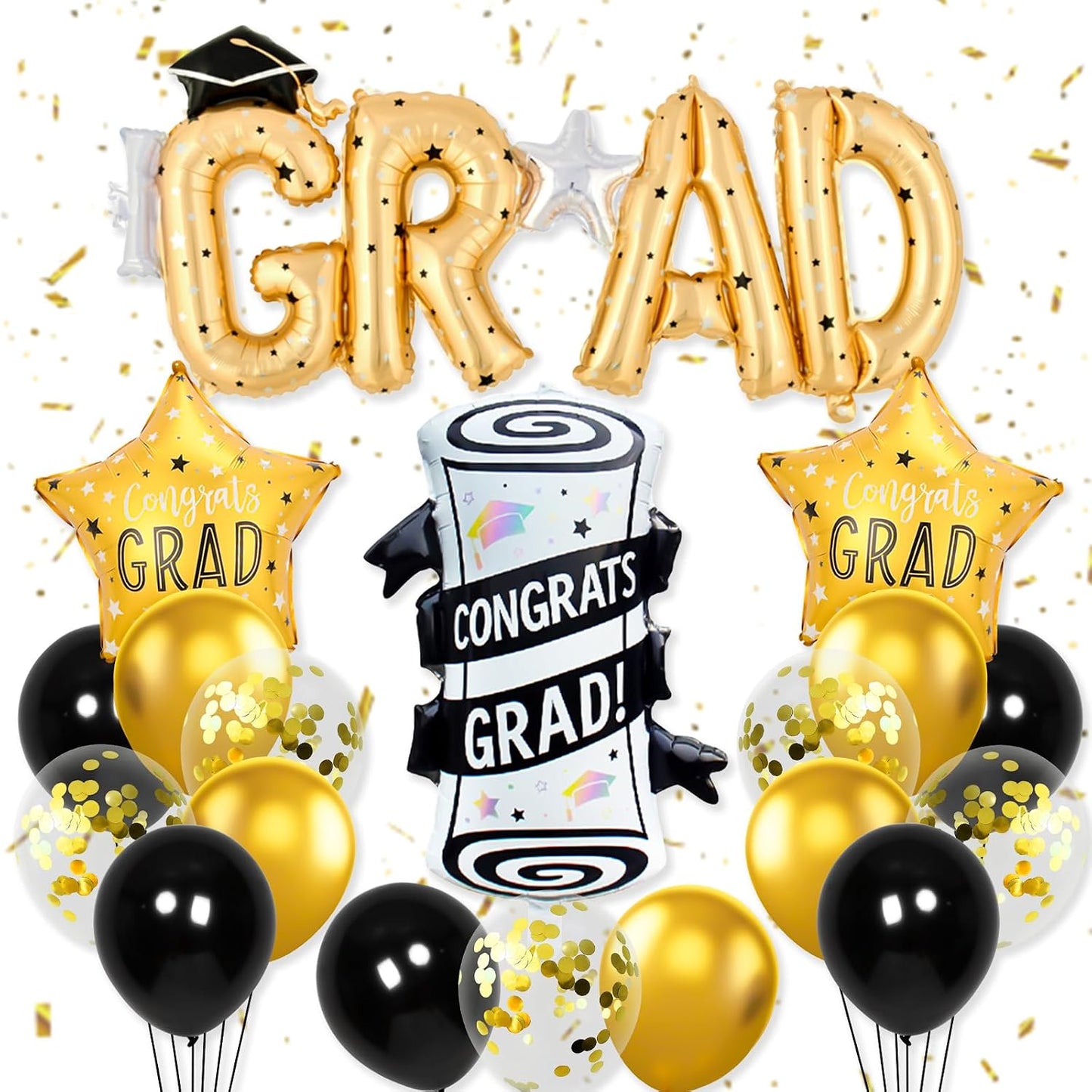 Graduation Balloons Congrats Grad Balloons Gold and Black Balloon for 5th Grade Graduation Decorations Grad Party Decorations 2026 BST326L