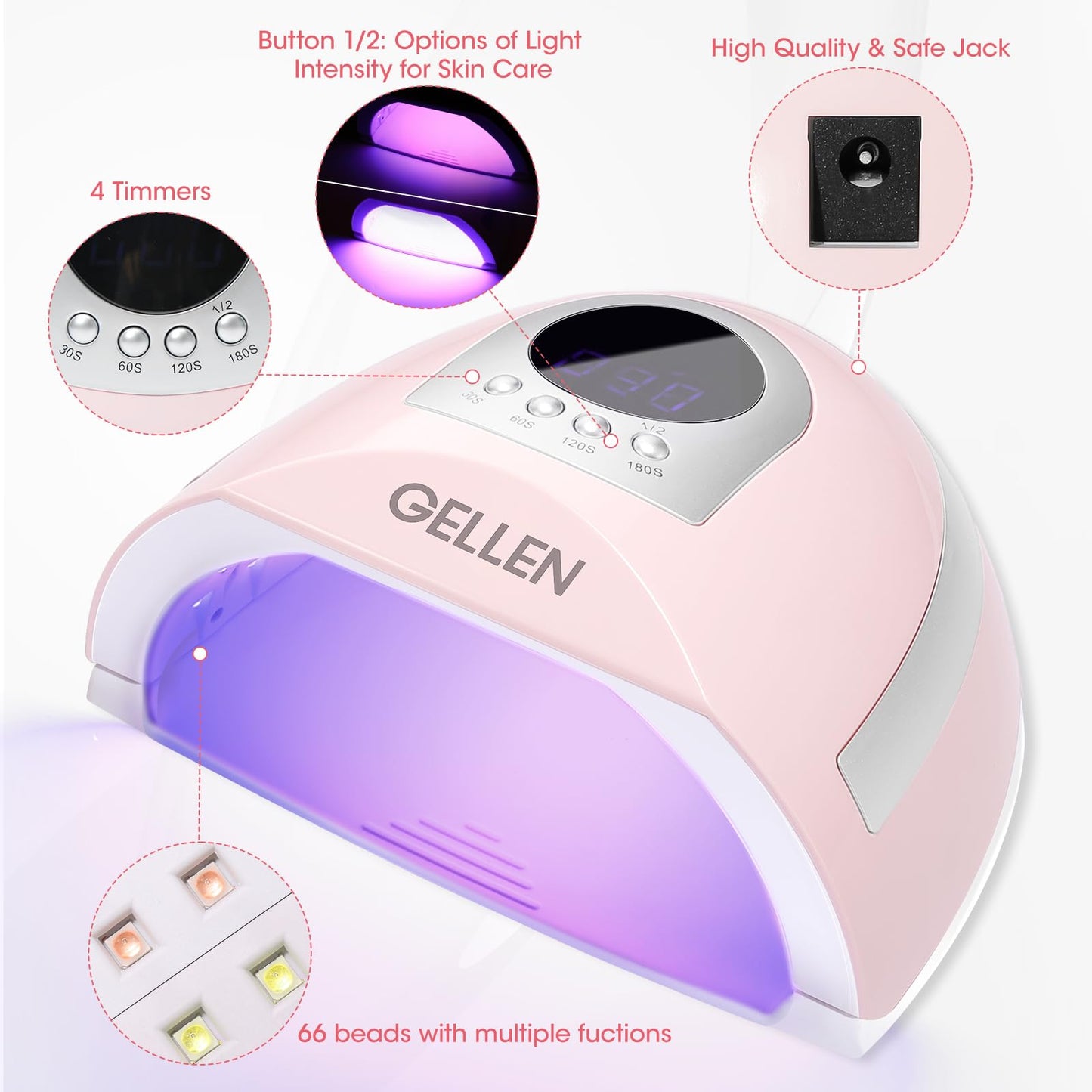 Gellen UV Nail Lamp, 268W UV LED Light for Nails of Finger Toe, Professional Fast Curing Nail Dryer for Gel Nail Polish, 66 LED Beads and 4 Timers