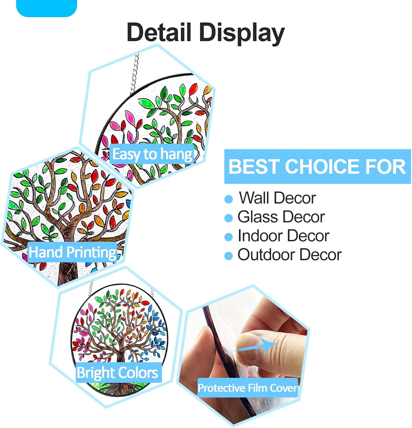 Tree of Life Stained Glass Window Hanging 5.90" Sun Catchers, Stain Glass Suncatchers for Indoor Windows Hanging, Hummingbird Gifts Window Garden Crystals Outdoor Decor Panels BST220