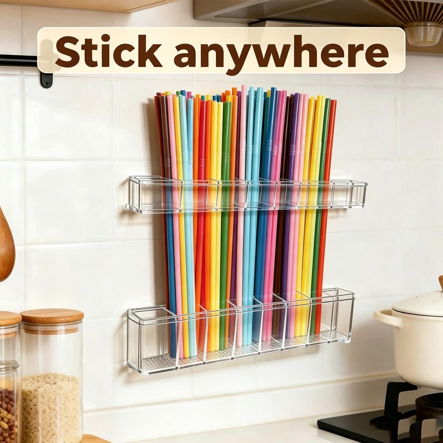 9.8 inch double-layer removable and washable Large Acrylic Cabinet Straw Holder Organizer with Traceless Nano Adhesive – Space-Saving Storage Rack for Cabinet Door, Clear Black Straw Cabinet Holder BST202