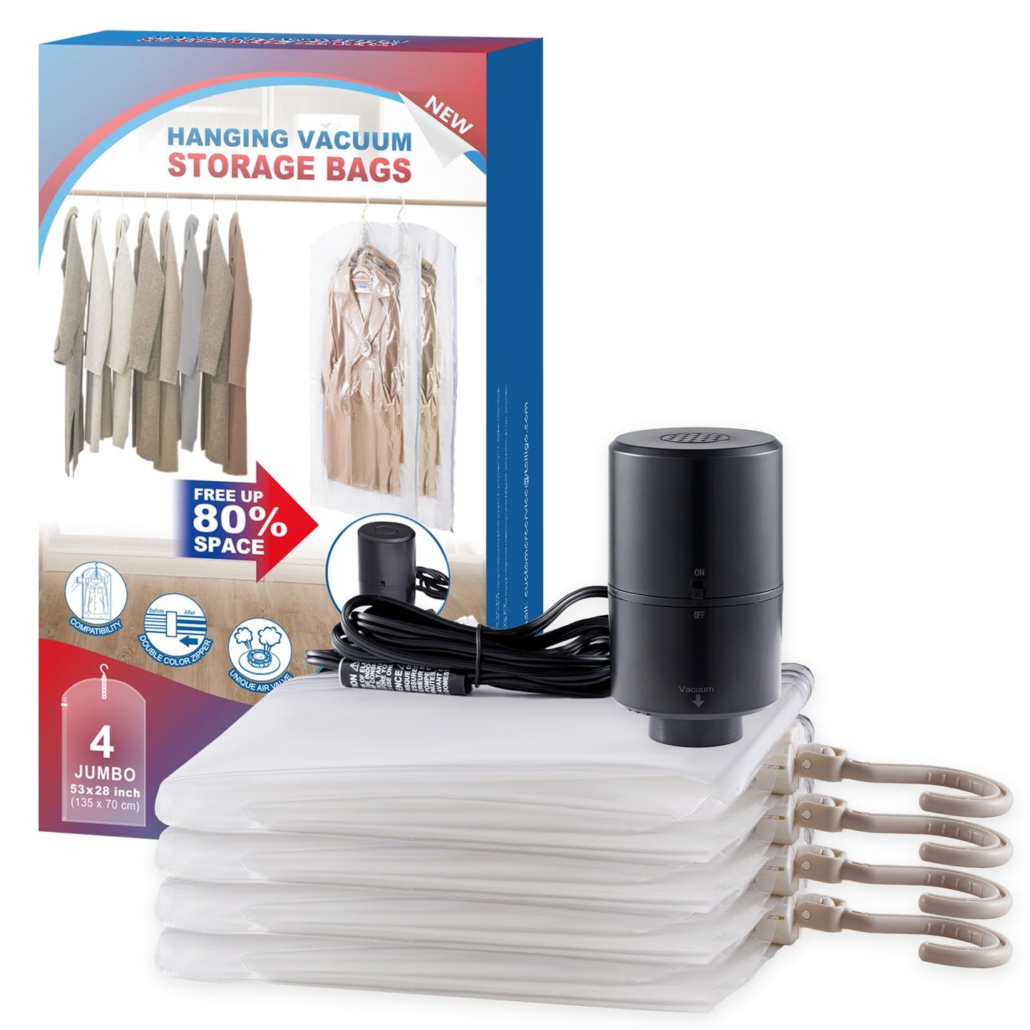 Hanging Vacuum Storage Bags, 6 Pack Hanging Storage Bags for Clothes With Electric Pump N27