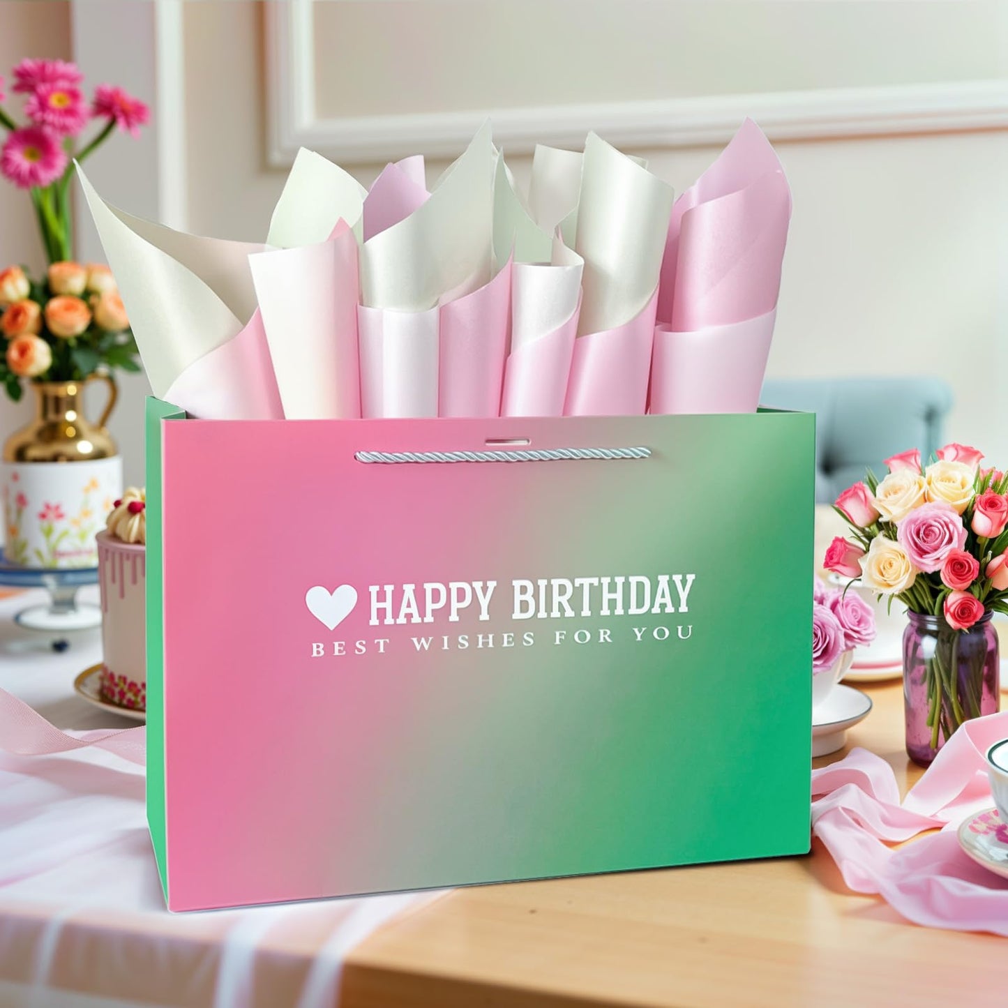 Kecorax Birthday Gift Bag for Women, 14" Large Birthday Bags Set for Girls with Tissue Paper, Card and Ribbons, Suitable for Birthday-themed Parties BST220
