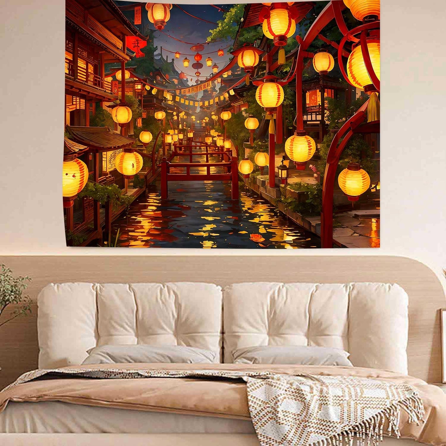 Ine Ive Japanese Tapestry Wall Hanging Large Size 93x71 Inch | Traditional Japan Streets filled with lanterns tapestry for Bedroom Living Room Dorm Office Restaurant Wall Decor BST202