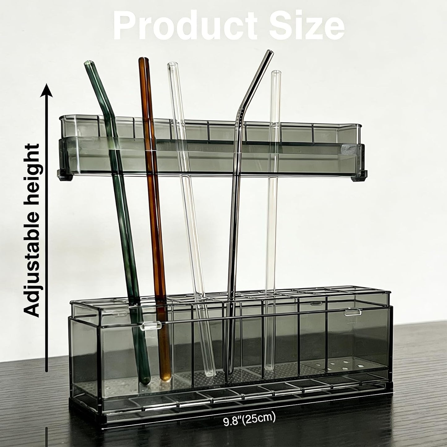9.8 inch double-layer removable and washable Large Acrylic Cabinet Straw Holder Organizer with Traceless Nano Adhesive – Space-Saving Storage Rack for Cabinet Door, Clear Black Straw Cabinet Holder BST202