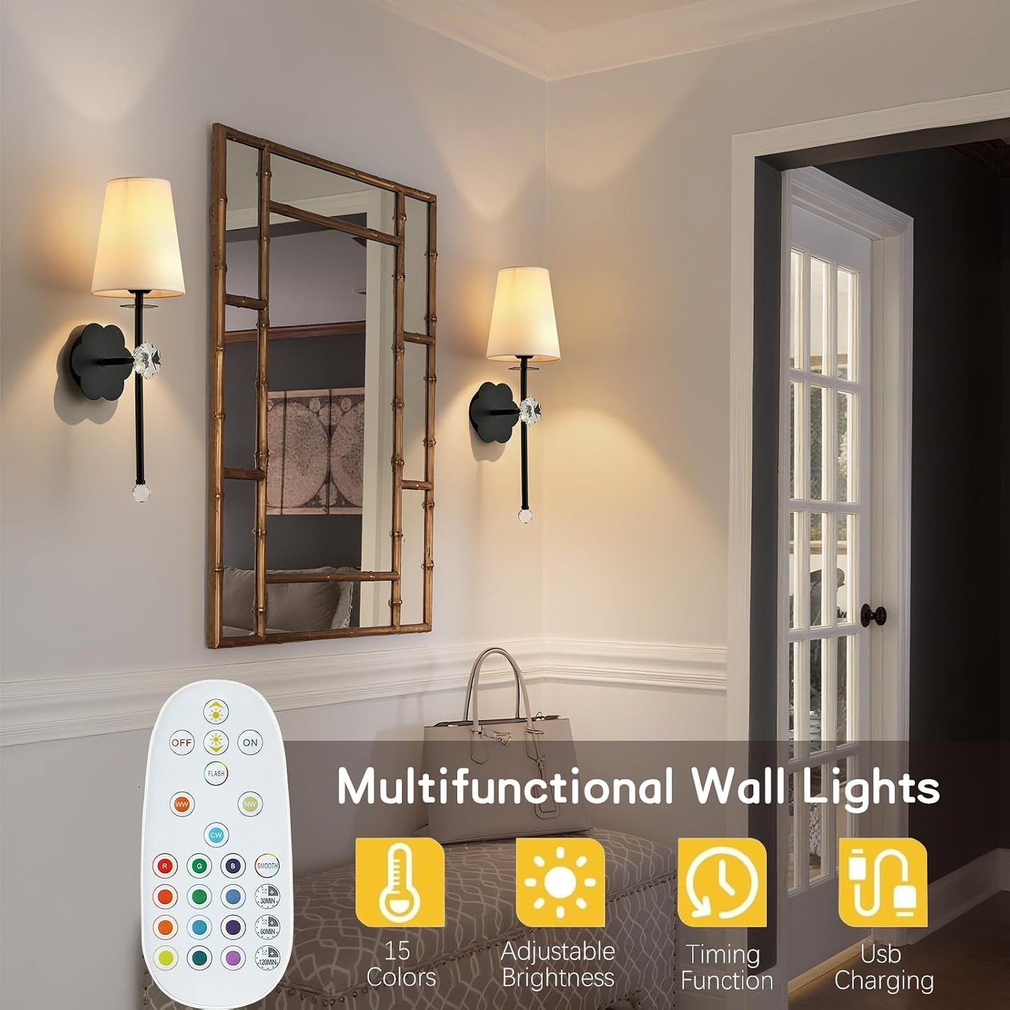 Battery Operated Wall Sconces, Black, Set of 2 | Crystal Plum Blossom Decor, Rechargeable, Detachable, Remote Cordless, Indoor for Bedroom Living Room Hallway Stairs WN420
