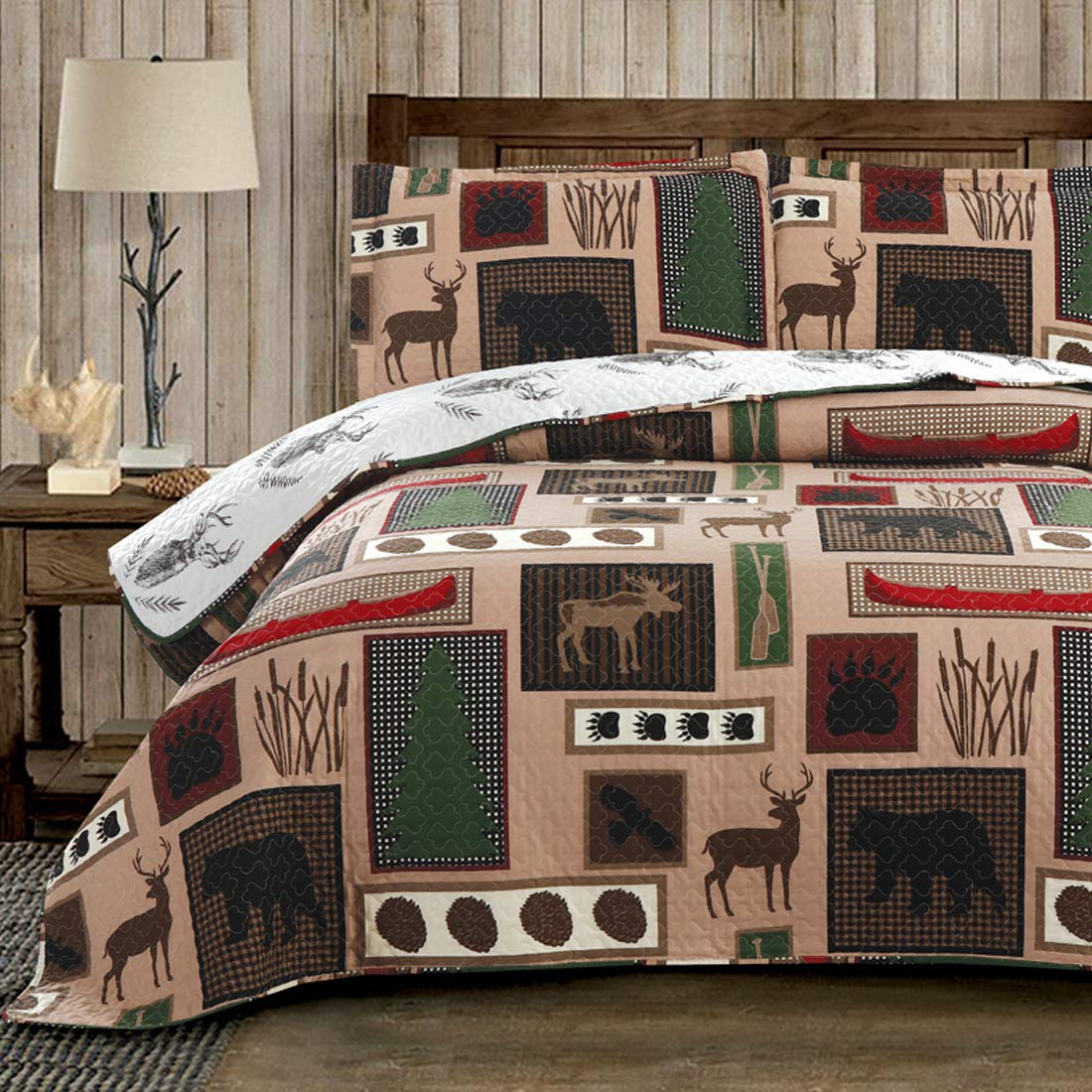 Rustic Moose Quilt Set King Size Lodge Quilt Lightweight Summer Cabin Bedspread Country Bedding Forest Bear Fish Pine Coverlet Daybed Cover Blanket Woodland Home Decor-Brown White BST220