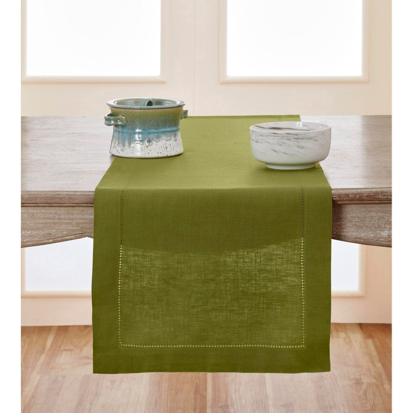 Solino Home 100% Pure Linen Table Runner Garden Green Hemstitch, 14 x 48 in | Classic Hemstitch Table Runners for dining, hallway and console table styling | hand hemstitched borders | OEKO-TEX Certified BST326SOLH