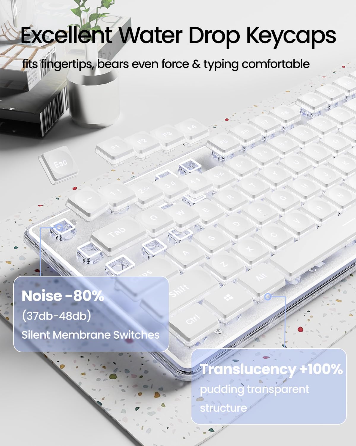 V3 Wireless Keyboard and Mouse with Single Backlit, Metal Panel, Bluetooth/2.4G Rechargeable Computer Keyboard and Mouse Combo Silent Lighted Full Size Cute Keyboards-White