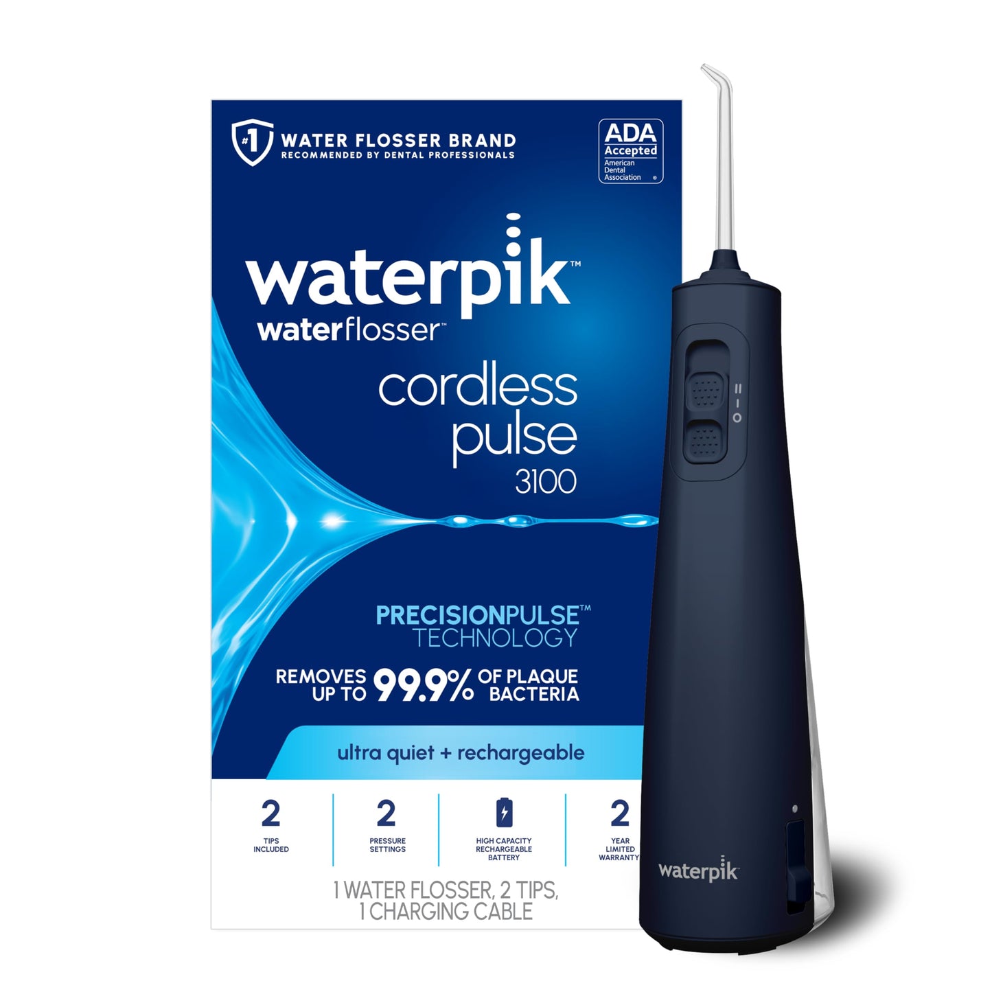 Waterpik Cordless Pulse 3100 Rechargeable Portable Water Flosser for Teeth, Gums, Braces Care and Travel with 2 Flossing Tips, Waterproof for Shower Use, ADA Accepted, WF-20 White, Amazon Exclusive DD1210