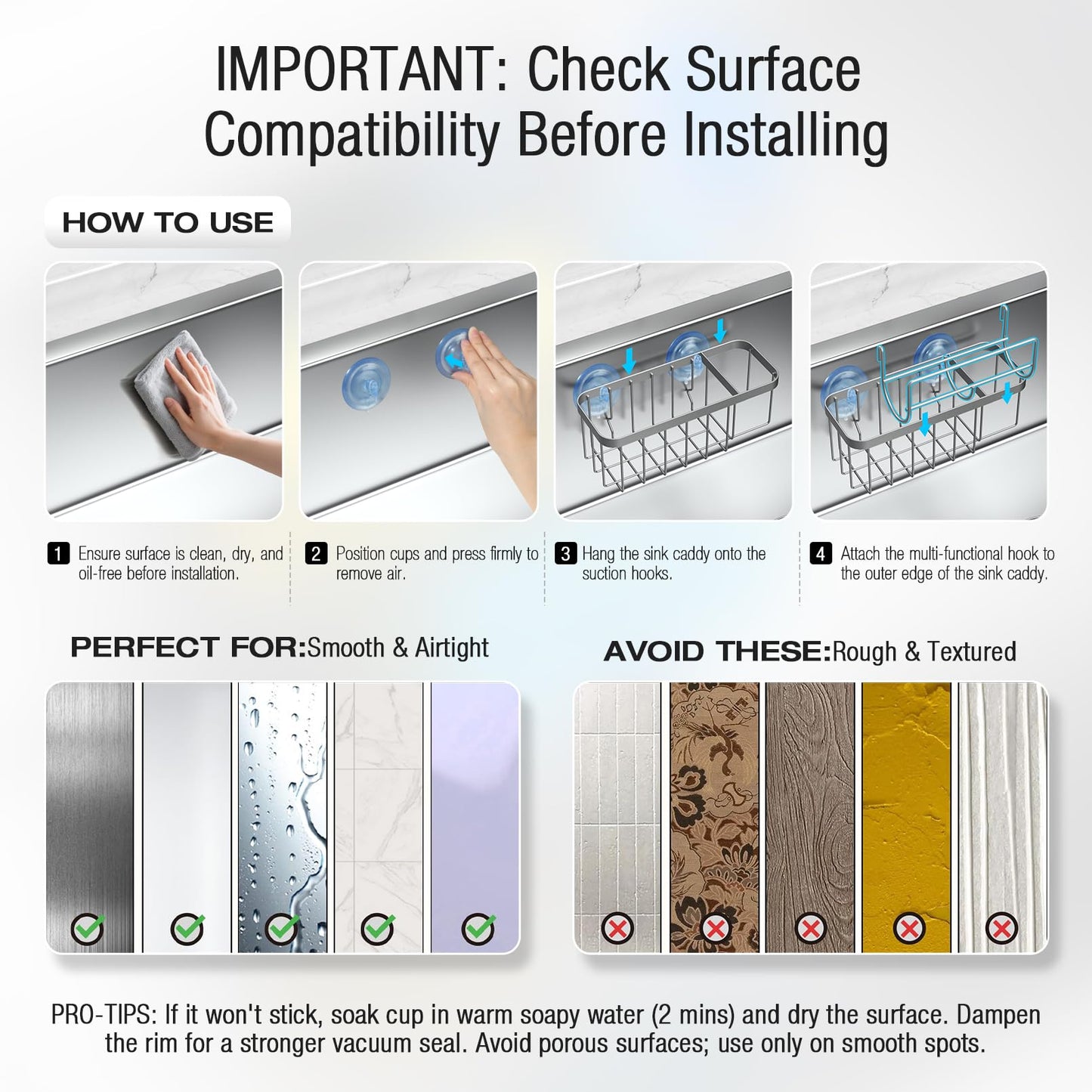 3-in-1 Kitchen Sink Caddy Organizer with Sponge Holder, Brush Holder, Extra Rack for Scrubber, Sink Stopper, Dish Cloth Hanger - Strong Dual Suction Cup, 2.0mm SUS304 Stainless Steel - Grey WN420