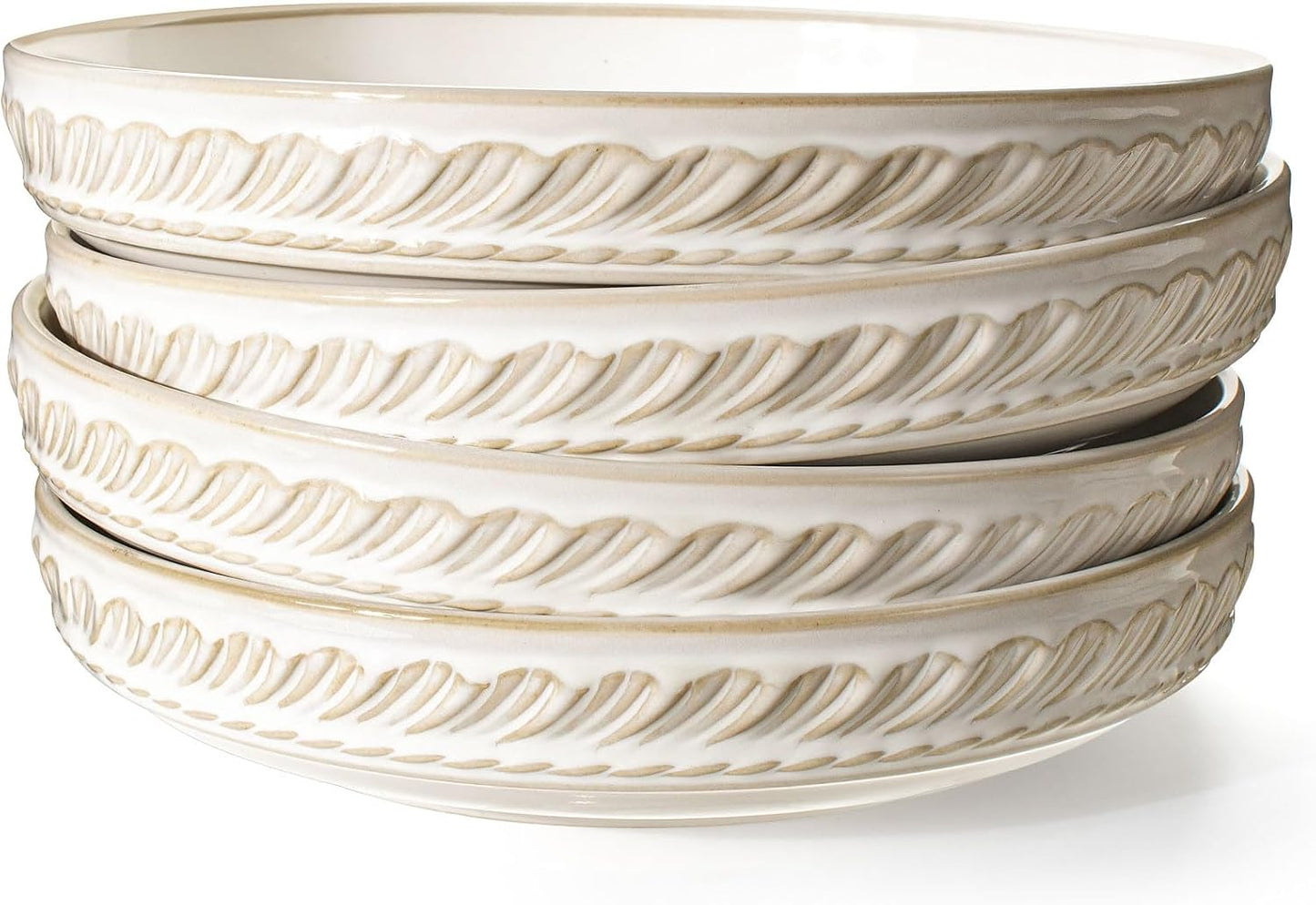 Artena Pasta Bowls, 50oz Large Salad Serving Bowls, 9.75'' Plates Bowls Set of 4, Big White Ceramic Soup Bowls for Kitchen, Embossment Shallow Dinner Bowl, Microwave Dishwasher Safe, Willow Leaf BST326H