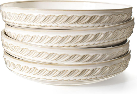 Artena Pasta Bowls, 50oz Large Salad Serving Bowls, 9.75'' Plates Bowls Set of 4, Big White Ceramic Soup Bowls for Kitchen, Embossment Shallow Dinner Bowl, Microwave Dishwasher Safe, Willow Leaf BST326H