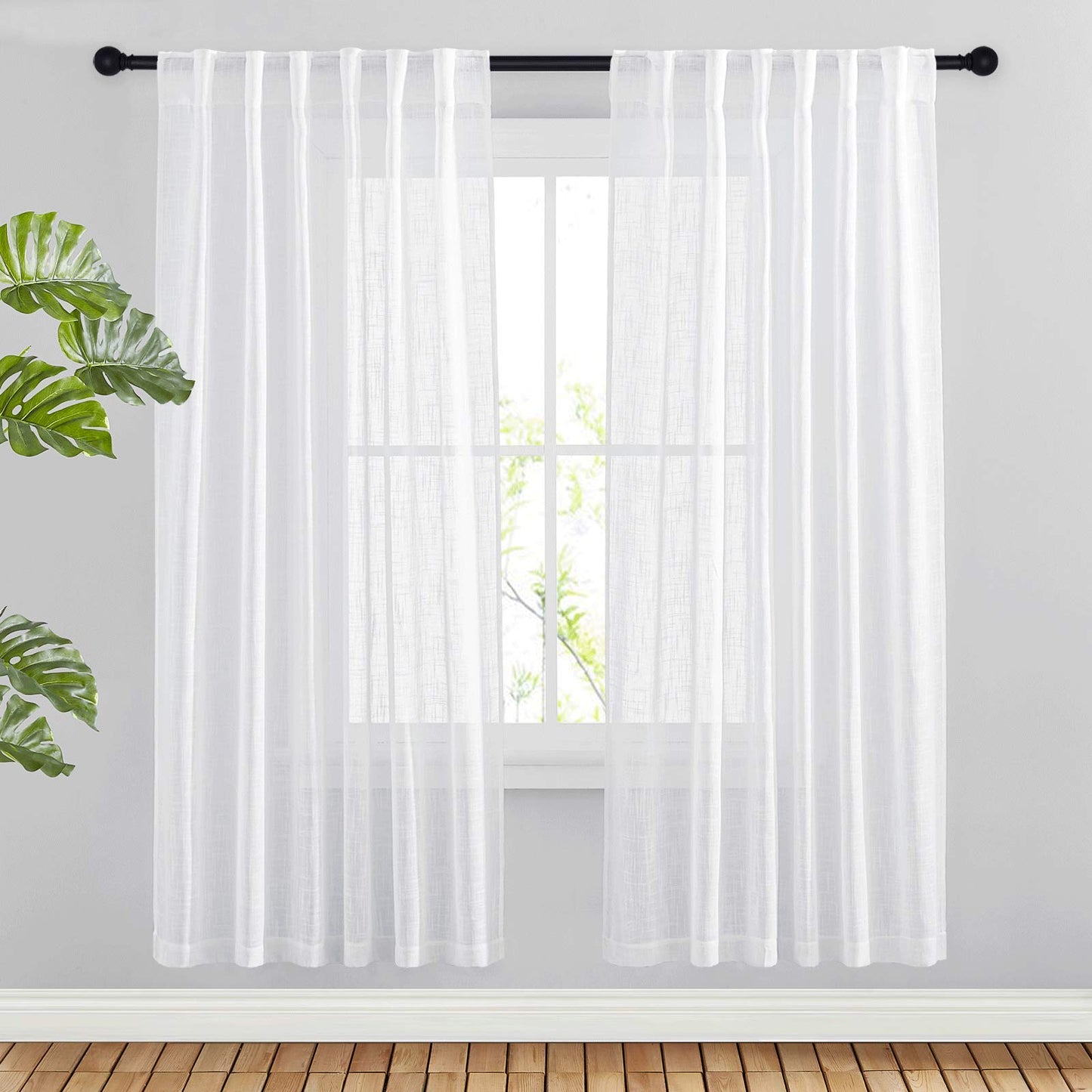 NICETOWN White Semi Sheer Kitchen Curtains 30 inch Length, Rod Pocket & Back Tab Faux Linen Blend Privacy with Light Filtering Window Drapes for Cafe, W34 x L30, 2 Panels BST220