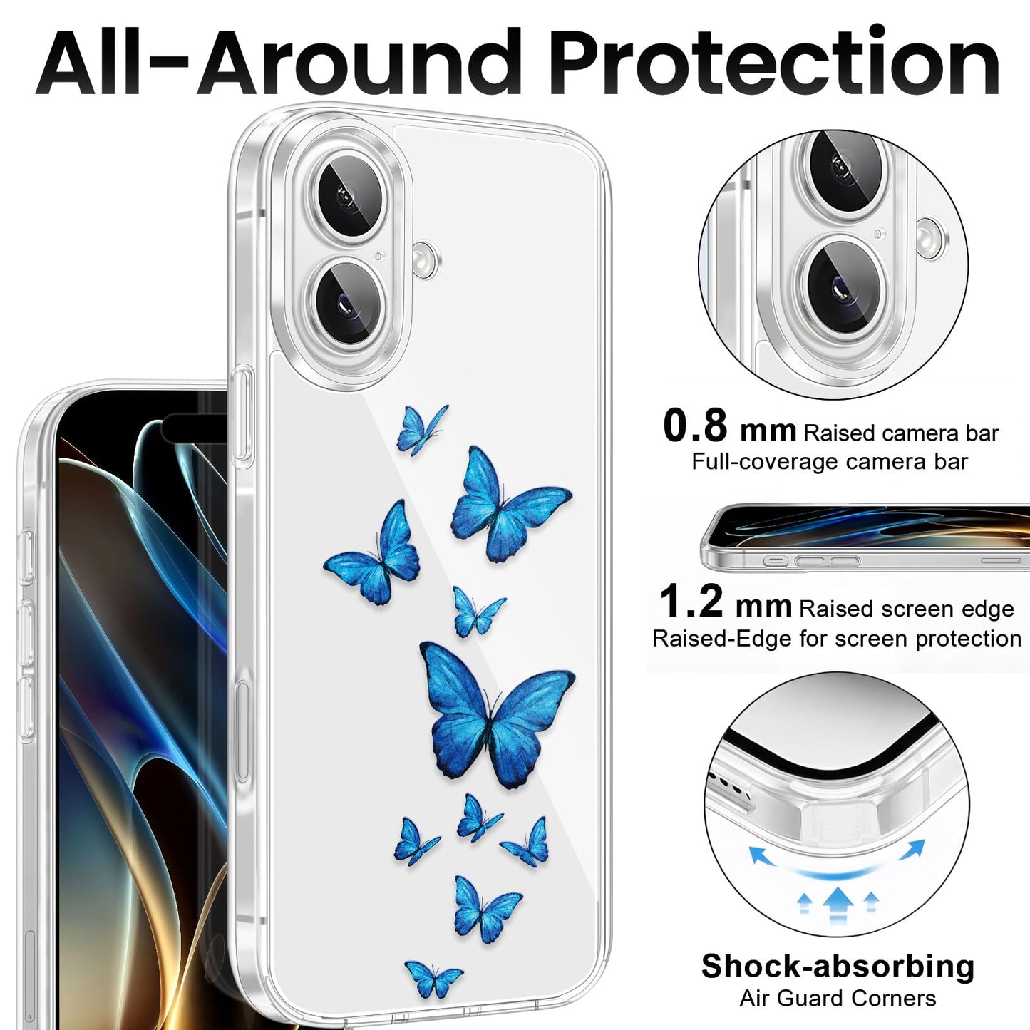 Cute Girly Crystal Clear Case Compatible with iPhone 16 Pro, Camera Control & Shockproof Protection Floral Case for Women, Blue Butterflies WN420