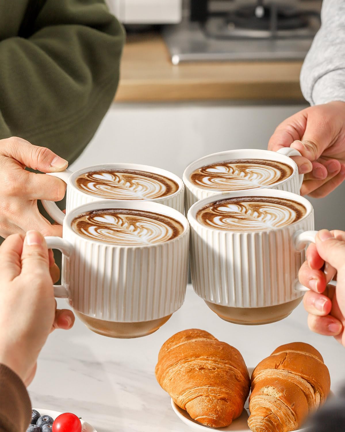 HASENSE 15 oz Ribbed Stackable Coffee Mug Set of 4, Porcelain Latte Cups with Metal Rack, Dishwasher & Microwave Safe, Cappuccino Tea Hot Cocoa, White BST220