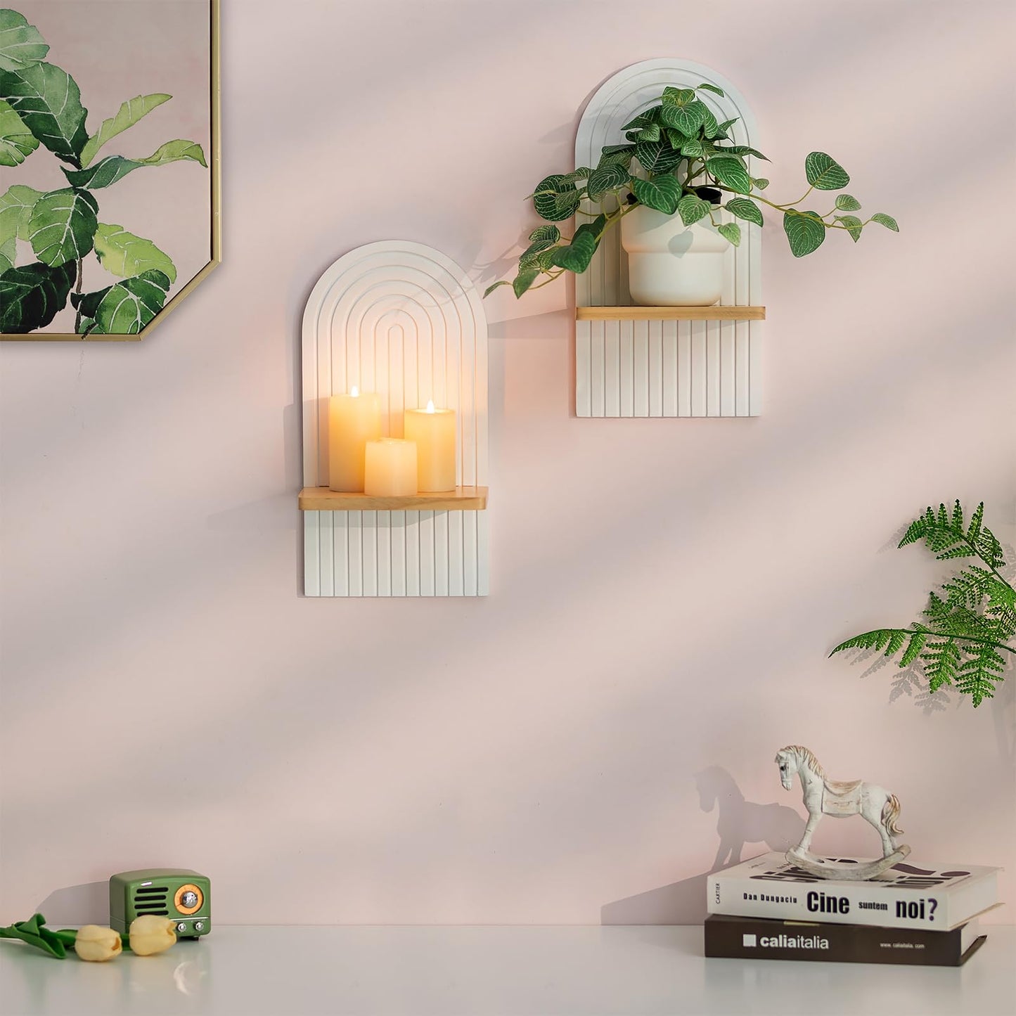 Boho Wall Candle Holder Decor: Mid Century Candle Sconces Set of 2 for Plants Pillar Candles - White Wood Modern Minimalist Arch Candle Shelf Bohemian Art Decor Beside Fireplace TV BST220
