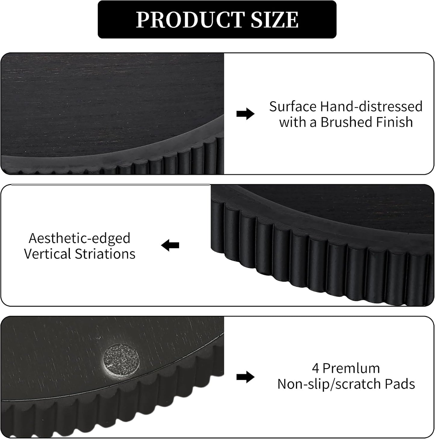 Hanobe Black Decorative Coffee Table Tray, Scalloped Edge | 12" round wood centerpiece tray, ideal for living room, entryway table, kitchen island, fits modern decor. BST326H