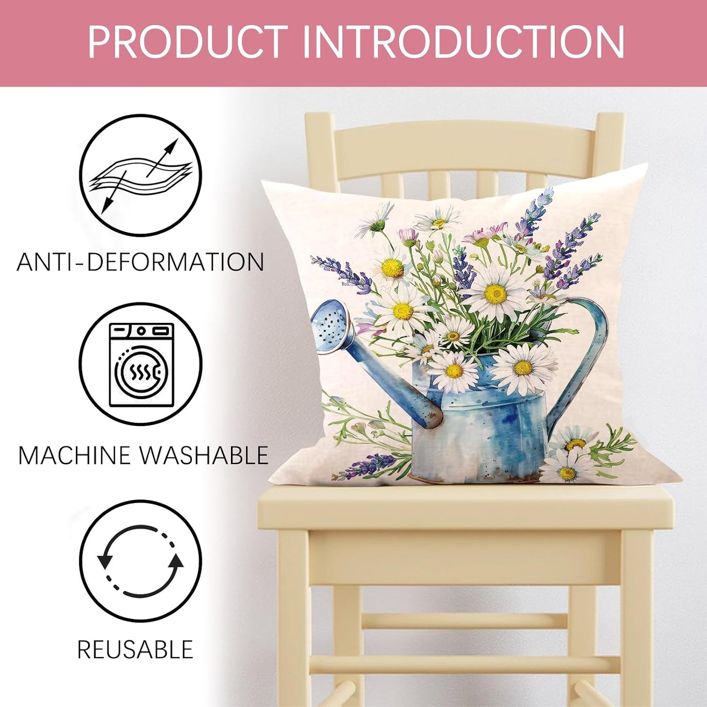 Spring Summer Daisy Flower Decorative Throw Pillow Covers | 18 x 18 Set of 4, Home Sweet Home Floral Wreath Watering Can Boots Porch Home Decor, Live Laugh Love Farmhouse Sofa Couch BST202