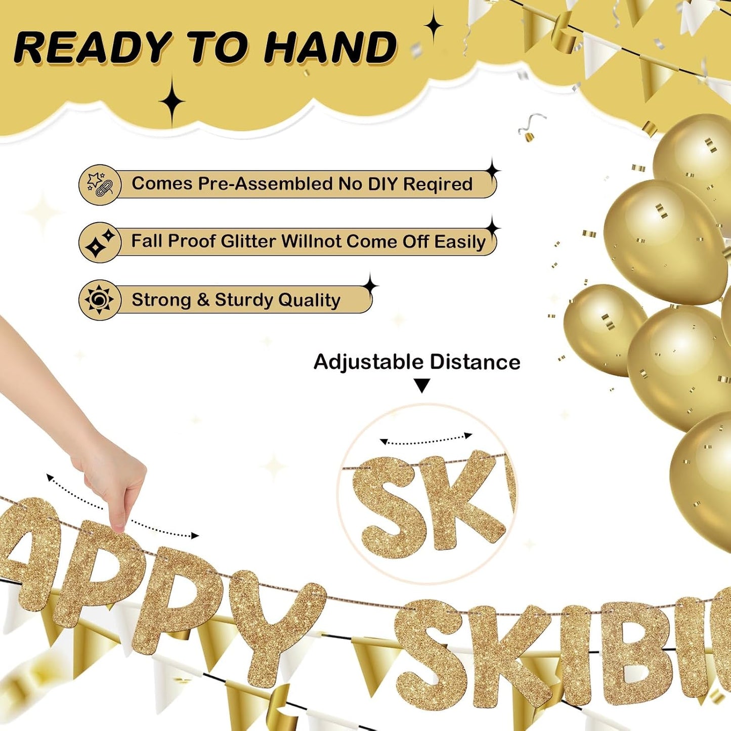 Fulmoon Pre Strung Happy Skibidi Birthday Sigma Banner Glitter Funny Zoomer Gen Z Slang Birthday Party Supplies Gen Z Slag Party Decorations Sign Gift(Champagne Gold) WN420