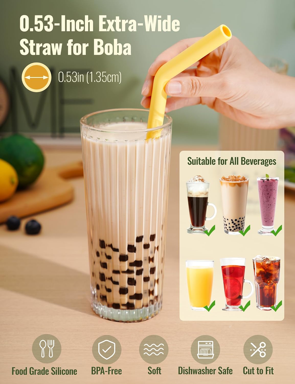 NiHome 18oz Ribbed Highball Glasses with Straws, Vintage Fluted Glasses | 2-Pack Ribbed Glasses, 18oz Large Capacity with 2 Reusable Silicone Straws, Dishwasher-Safe, for Bubble Tea, Smoothies BST326H