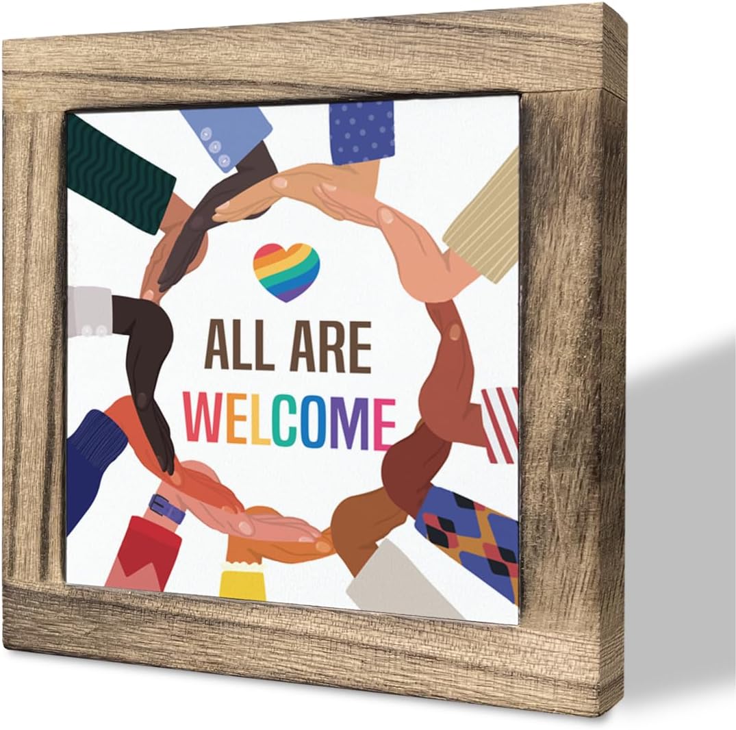 Welcome Sign - All Are Welcome, Wooden Plaque, Table Art, Diversity & School Classroom Decor, Farmhouse Style Home & Office Desk Decor BST202