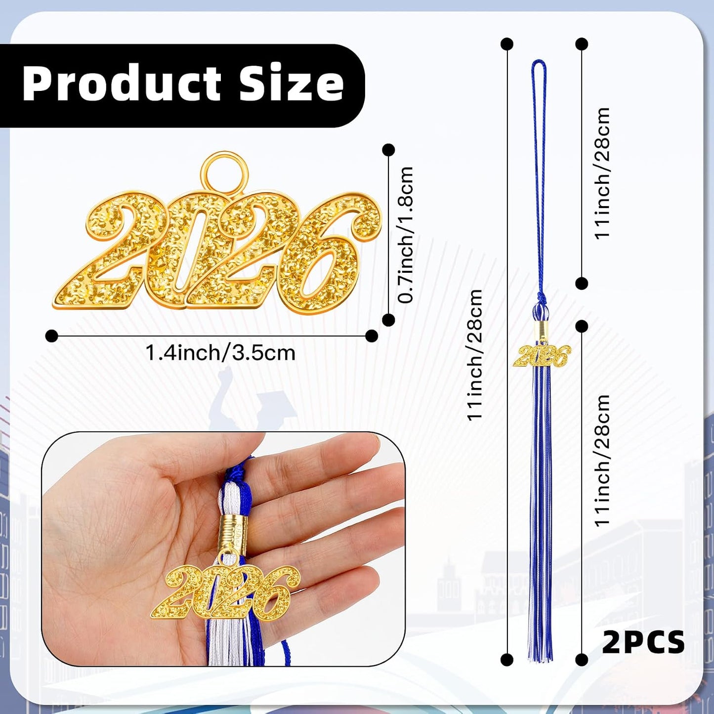2026 Tassel Graduation, 2 Pcs Blue and White Graduation Tassel 2026, Graduations Tassels with 2026 Year Gold Charms for Grad Cap Hat Accessories Ceremonies Memorial Graduations Party Decorations BST326L