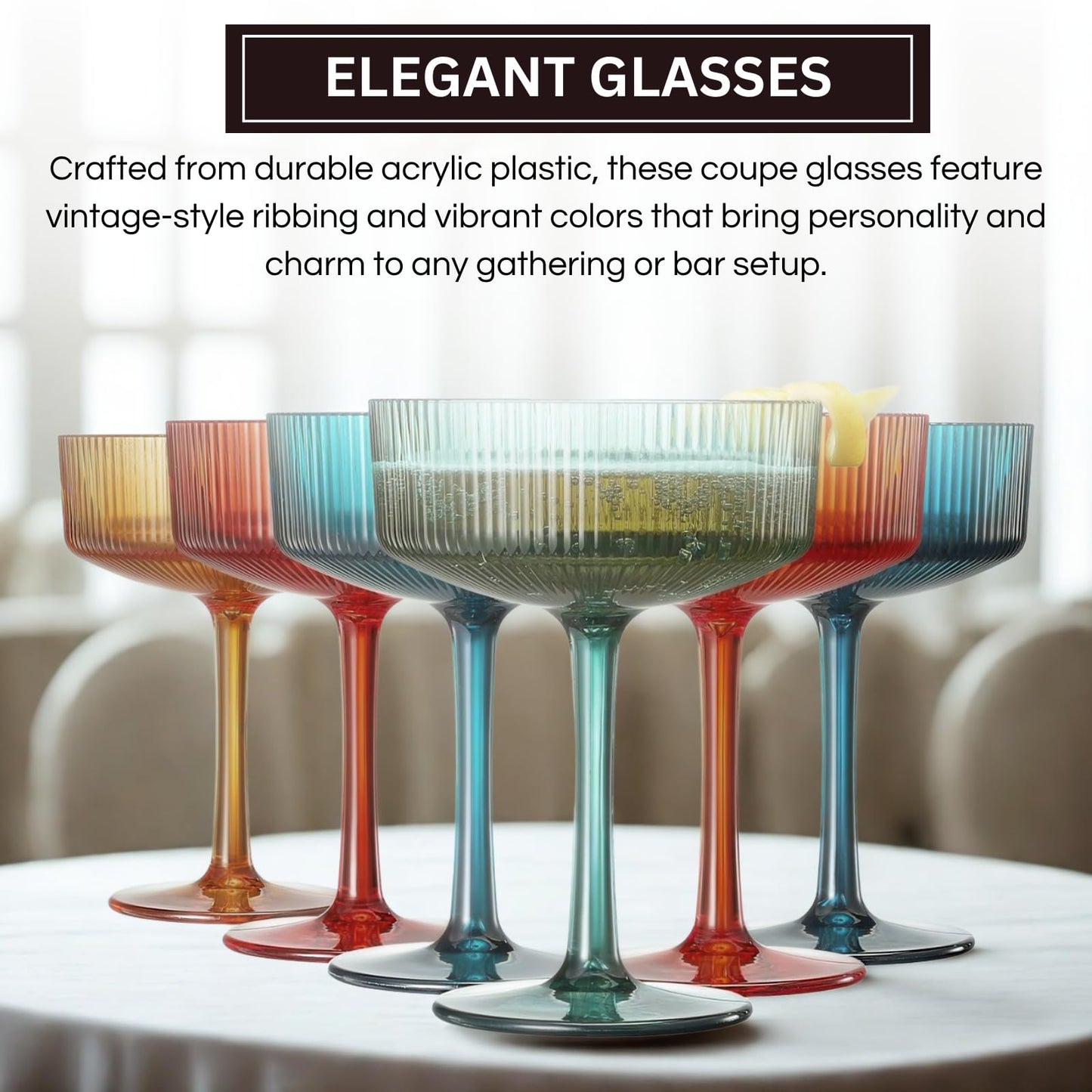 Khen Pink Peach Acrylic Ribbed Coupe Martini Champagne Cocktail Glasses, Set of 4, 8 oz Shatterproof Ripple Stemware European Style Reusable Drinkware Goblets, Indoor Outdoor Parties Weddings Bar Gift BST220