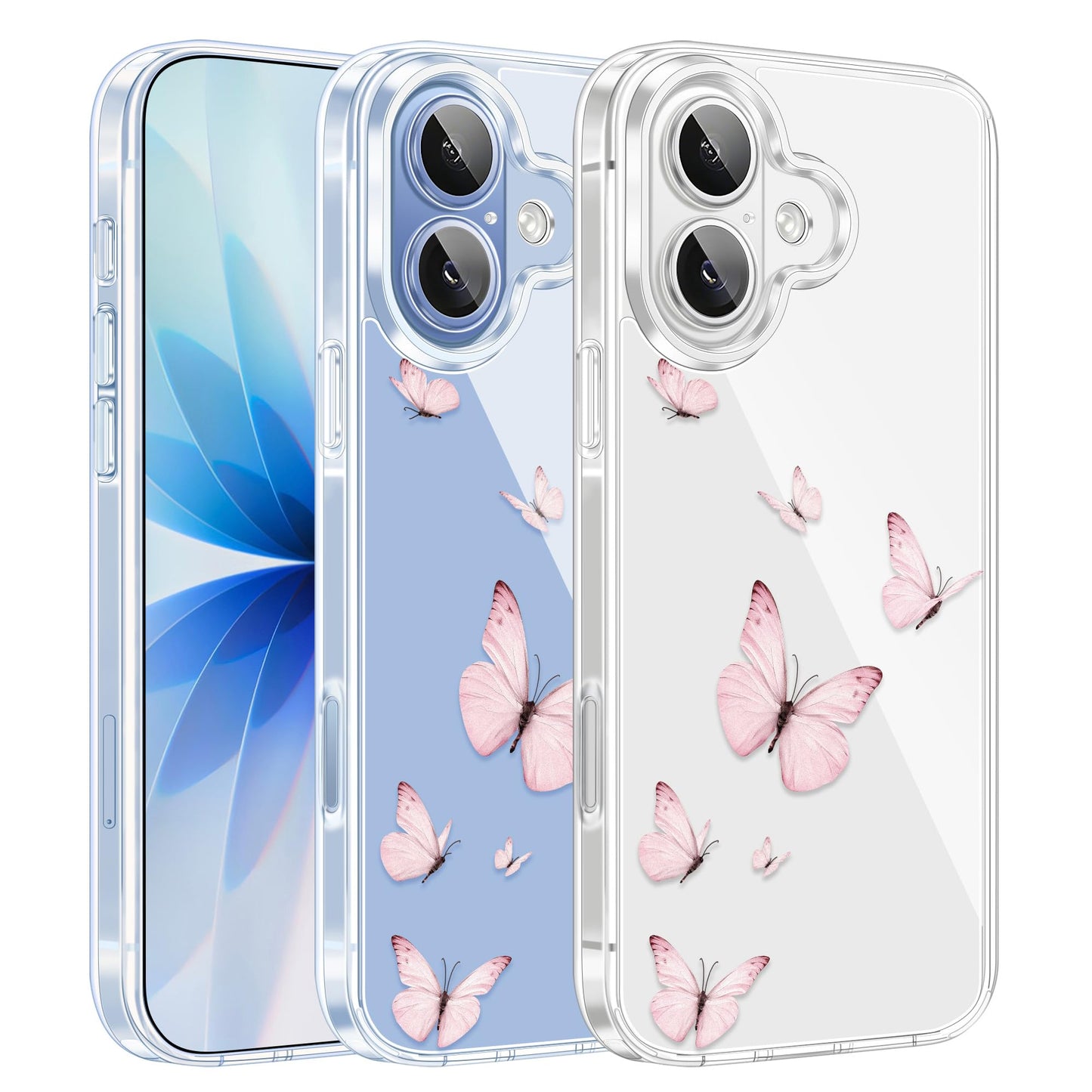 Cute Girly Crystal Clear Case Compatible with iPhone 16 Pro, Camera Control & Shockproof Protection Floral Case for Women, Blue Butterflies WN420