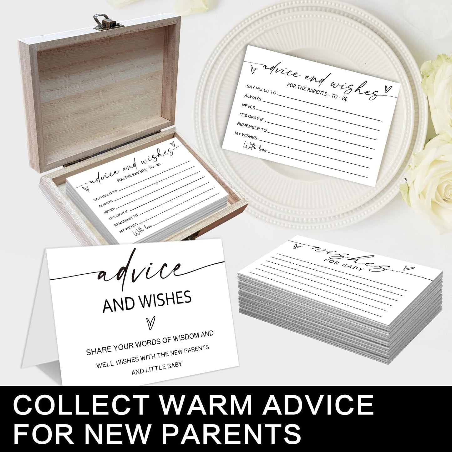 Advice and Wishes Cards with Box For Parents To Be - 50 Pcs Minimalism Advice Cards, Baby Shower Paty Game, Well Wishes Box for New Parents Baby Shower Decorations -A04 BST202