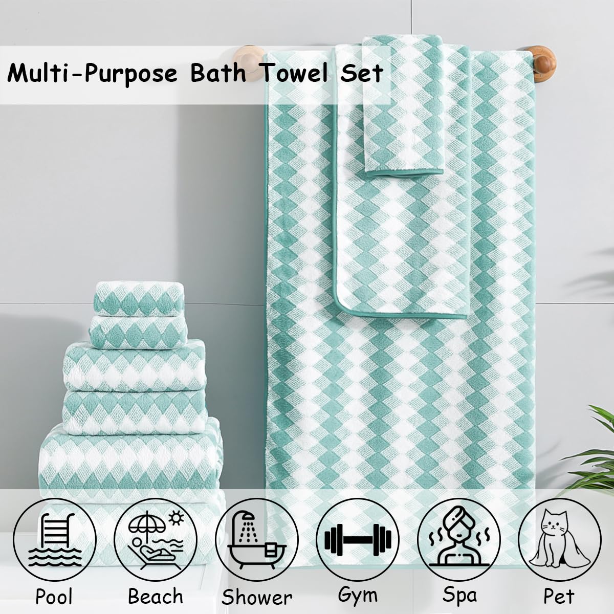 12 Pcs Light Gray Diamond Towel Set-4 Bath Towels,4 Hand Towels,4 Washcloths Soft Polyester Towels with Loop Absorbent Shower Towel Quick Dry Beach Chair Towel Family Towels for Bathroom Spa Gym Pool BST220