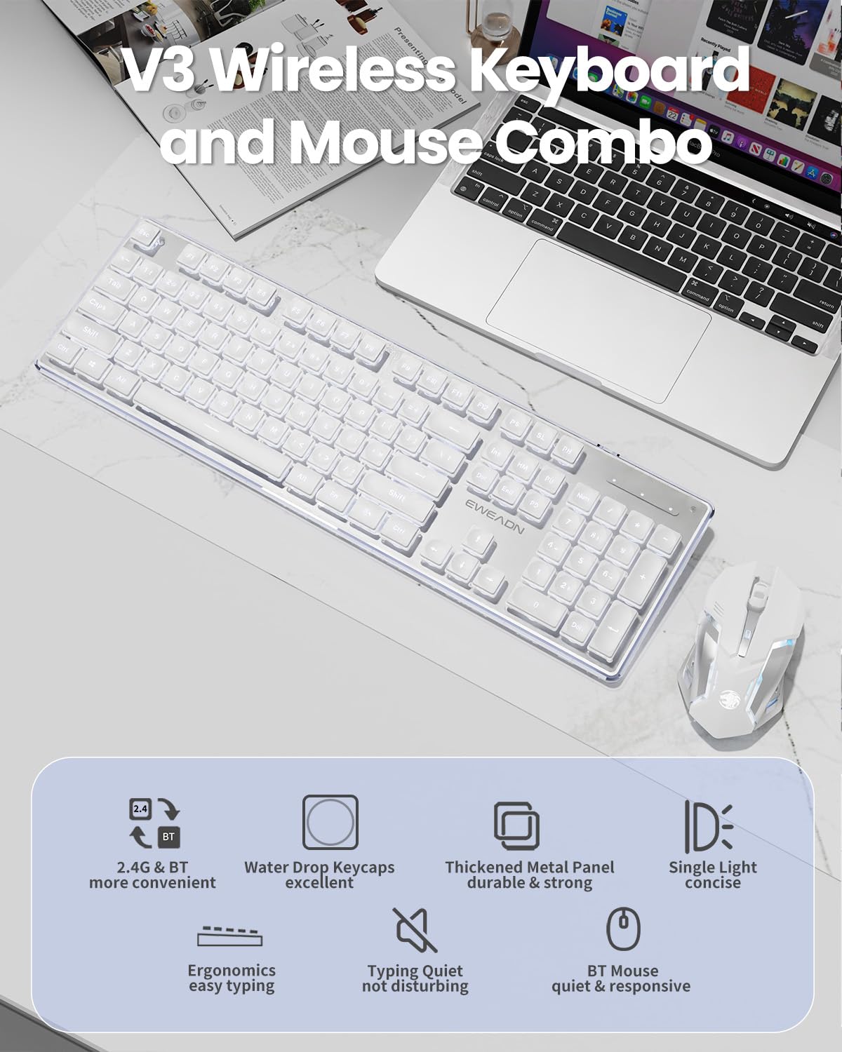 V3 Wireless Keyboard and Mouse with Single Backlit, Metal Panel, Bluetooth/2.4G Rechargeable Computer Keyboard and Mouse Combo Silent Lighted Full Size Cute Keyboards-White