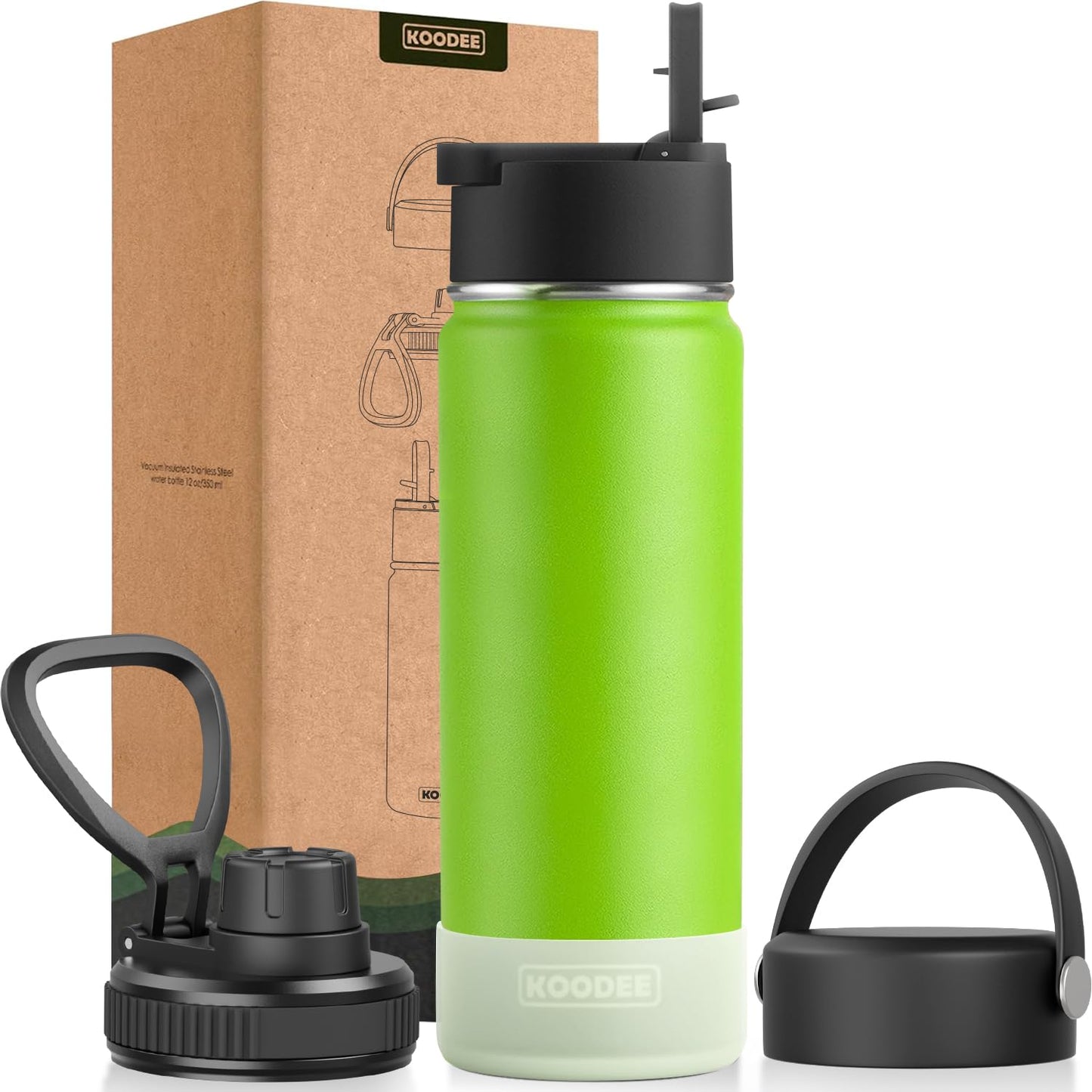 koodee Water Bottle-12 oz Stainless Steel Double Wall Vacuum Insulated Water Bottle for School-Wide Mouth Flask with Straw Lid (Teal) BST220