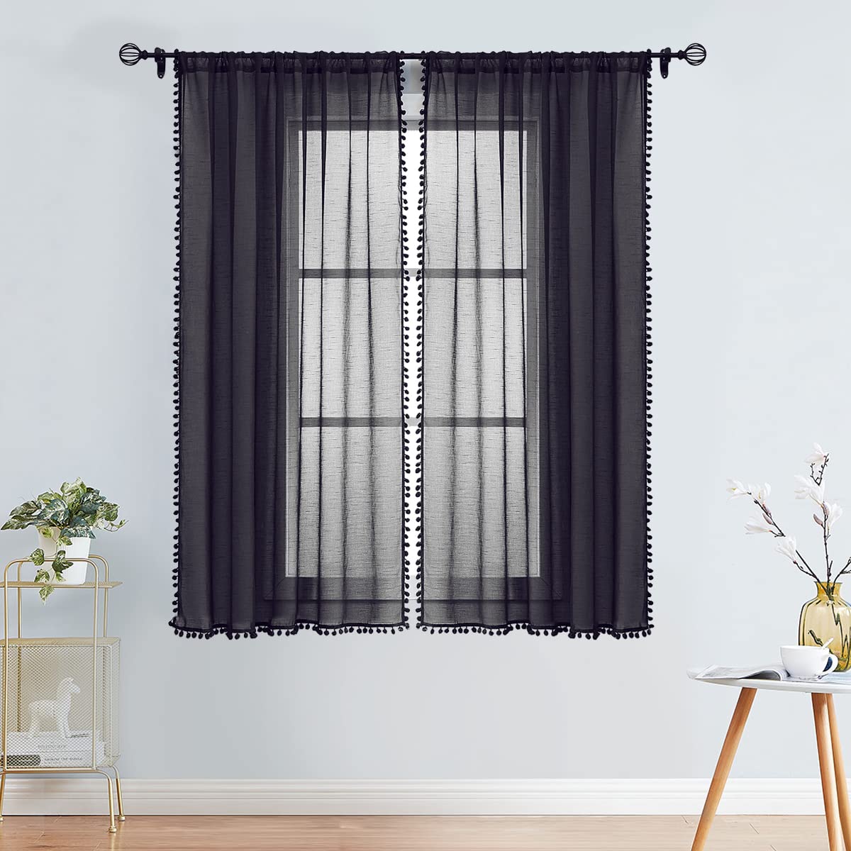 Treatmentex Pom-Pom Grey Sheer Curtains for Bedroom 63" Window Drapes Rod Pocket Textured Sheer Curtain for Kids Room 52" w 2 Panels BST202
