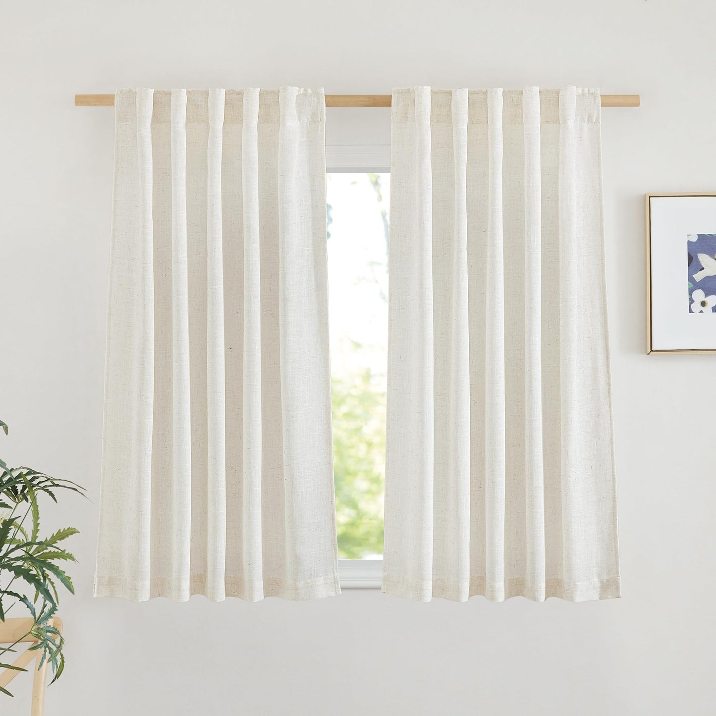 NICETOWN White Semi Sheer Kitchen Curtains 30 inch Length, Rod Pocket & Back Tab Faux Linen Blend Privacy with Light Filtering Window Drapes for Cafe, W34 x L30, 2 Panels BST220