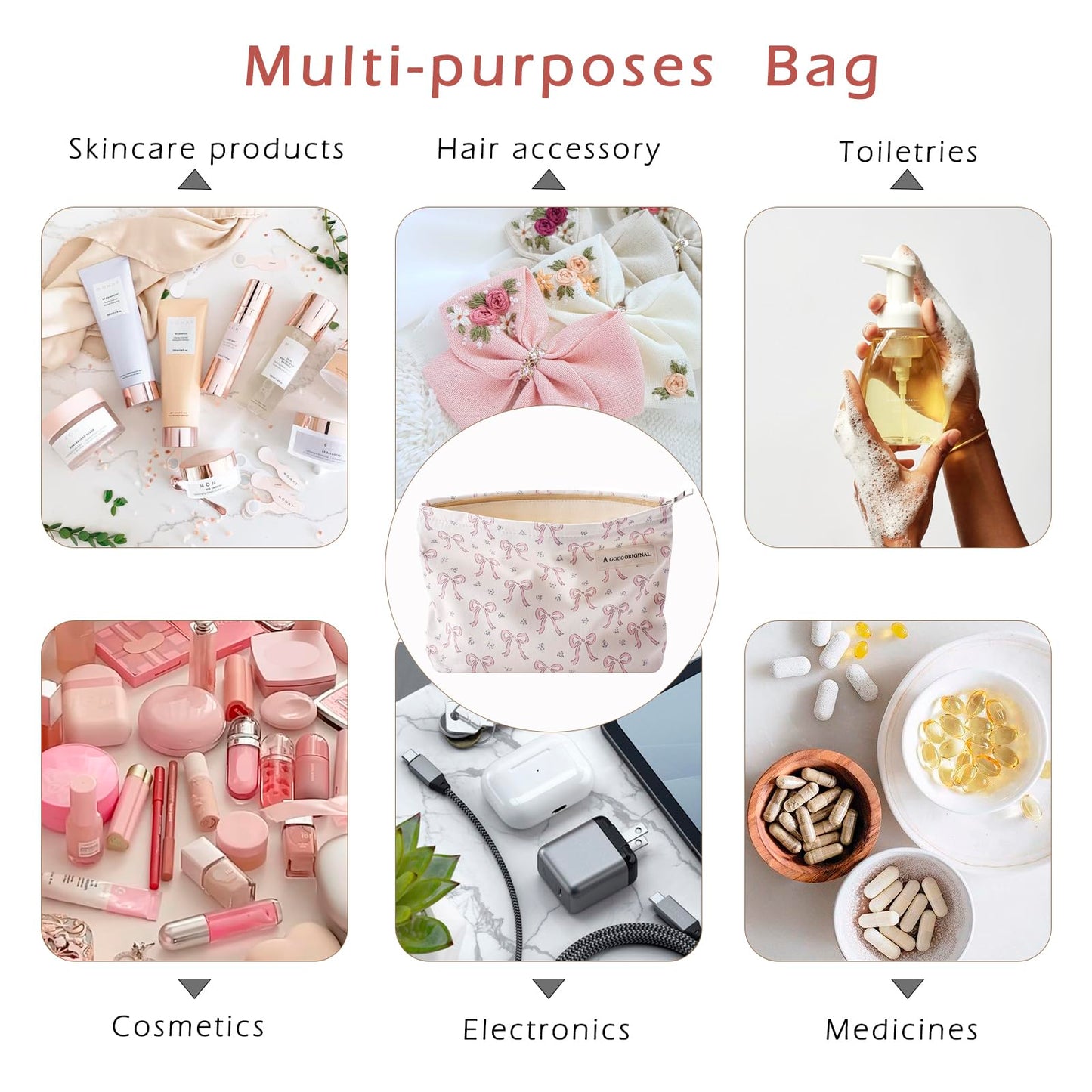RSRSLEII Striped Makeup Bag for Women, White Cosmetic Bag with Bow, Travel Toiletry Cosmetic Bag with Zipper, Cute Women Aesthetic Organizer Storage Pouch, Girls Handbags Purses (06 White Stripe Bow) BST220