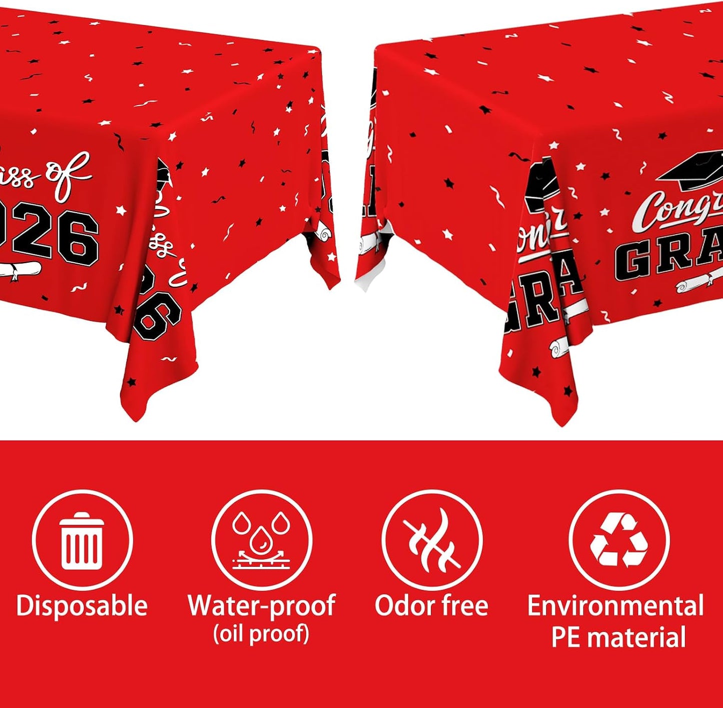 Gatherfun 2026 Graduation Decorations : 2-Pack Congrats Grad Disposable Tablecovers - Class of 2026 Red Themed Table Cloths, for Graduation Party Supplies & Graduation Backdrop, 54" X 108" BST326L