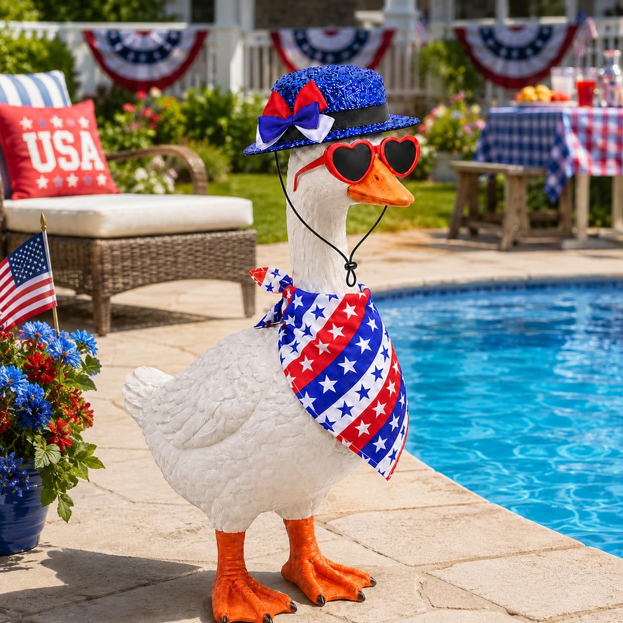 Chris.W 4th of July Porch Goose Outfit Patriotic Porch Goose Outfits with Hat Sunglasses & Star Bandana for 23" 19" 17" Garden Goose Statue, American Flag Independence Day Yard Decor BST326H