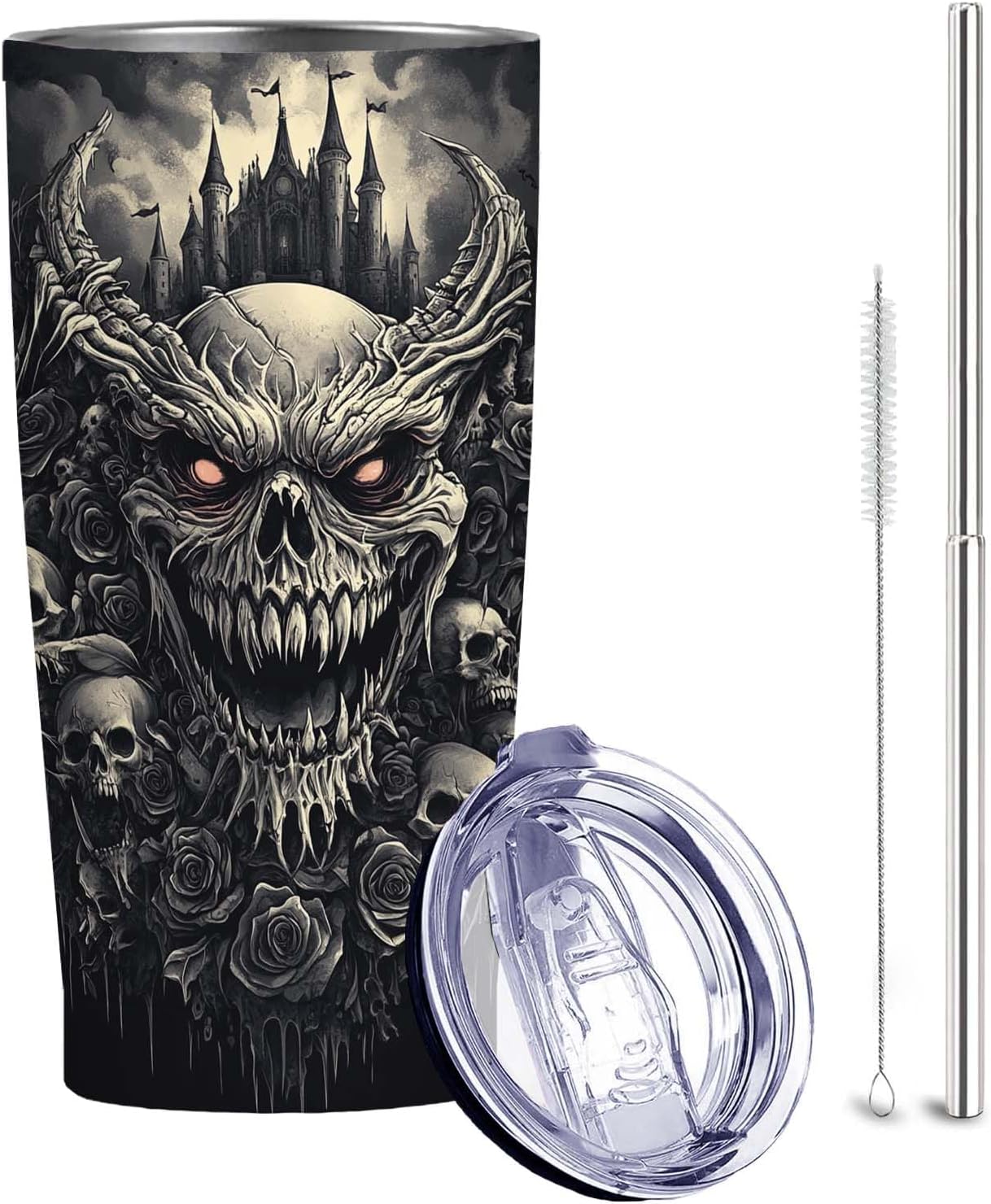 Gothic Skull 20 oz Insulated Stainless Steel Tumbler | Spooky Skeleton Travel Mug with Leak Proof Lid and Telescope Straw | Hot & Cold Coffee Cup | Halloween Gifts for Men and Women WN420