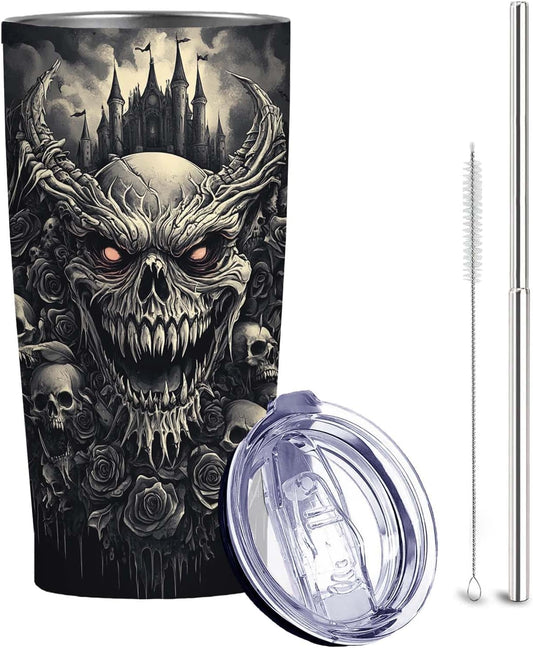 Gothic Skull 20 oz Insulated Stainless Steel Tumbler | Spooky Skeleton Travel Mug with Leak Proof Lid and Telescope Straw | Hot & Cold Coffee Cup | Halloween Gifts for Men and Women WN420
