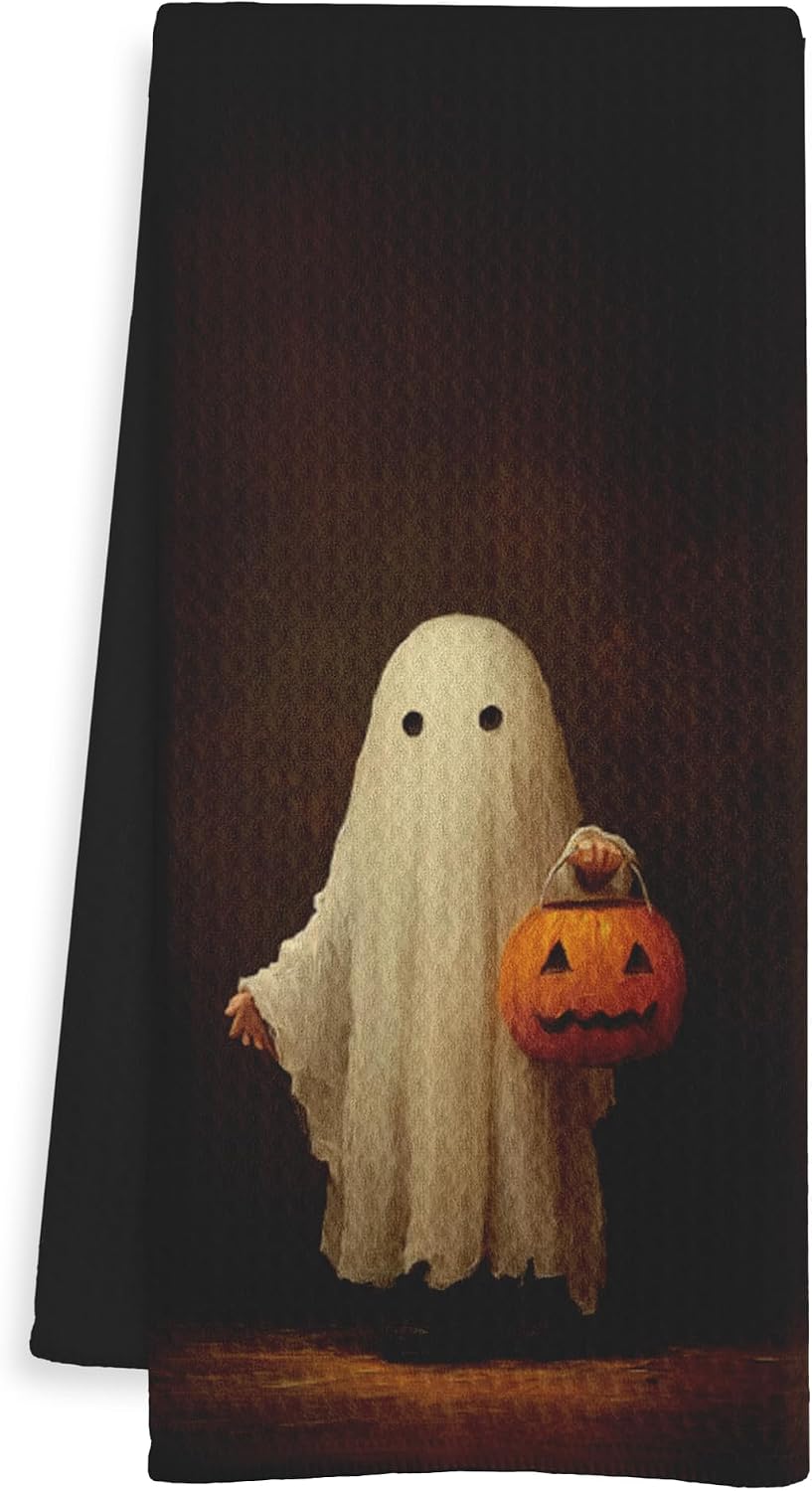 Cute Ghost Halloween Kitchen Towels,Fall Ghost Pumpkin Dish Tea Towel for Kitchen Decor, Spooky Halloween Pumpkin Decor Hand Towels for Bathroom Decortions, 16x24 Inch BST326L