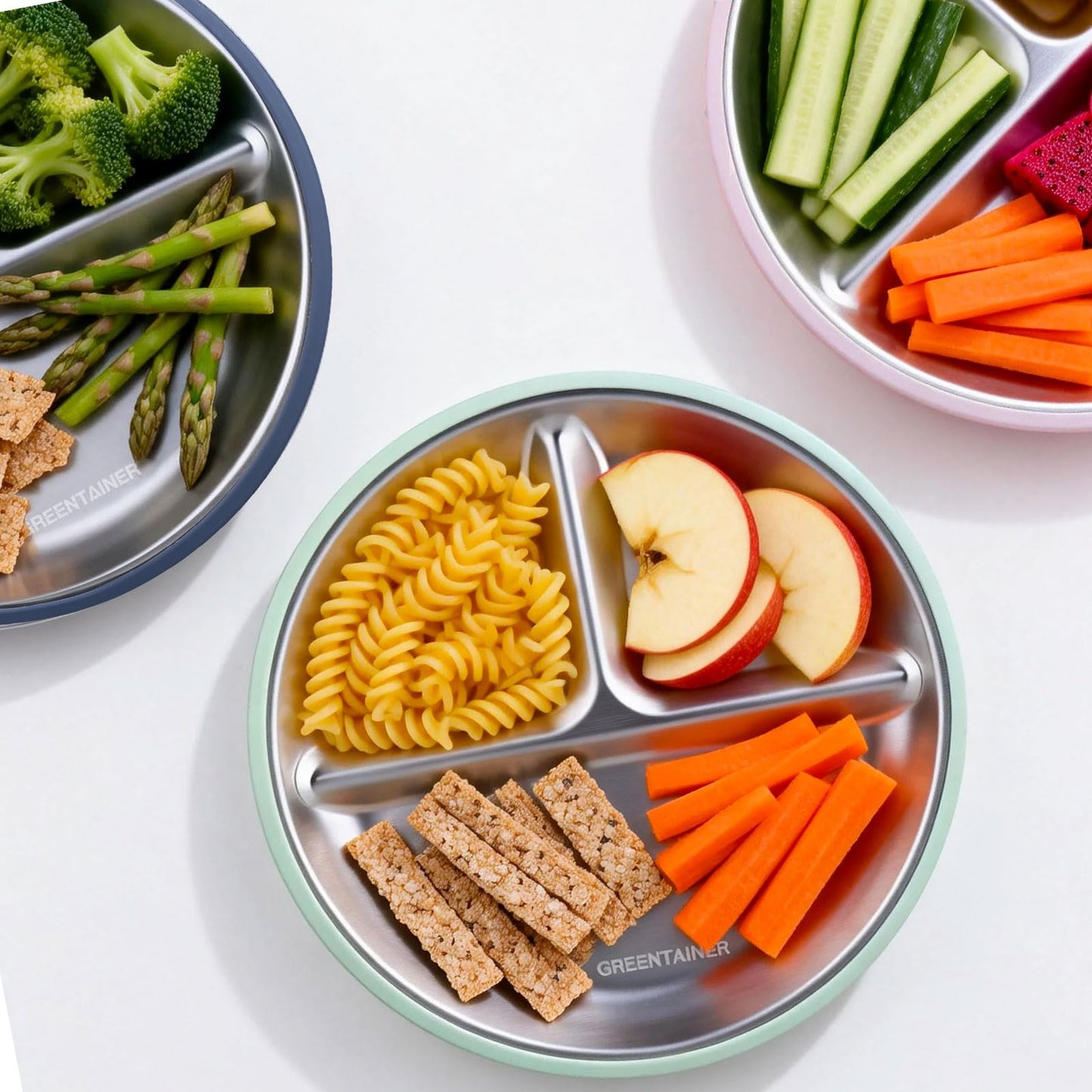Greentainer 3 Pack Stainless Steel Baby Plates with Suction, Divided Toddler Plates with Removable Silicone Sleeves, Unbreakable Kids Dishes for Dinner & Snack, Non-Toxic, Dishwasher Safe BST326H