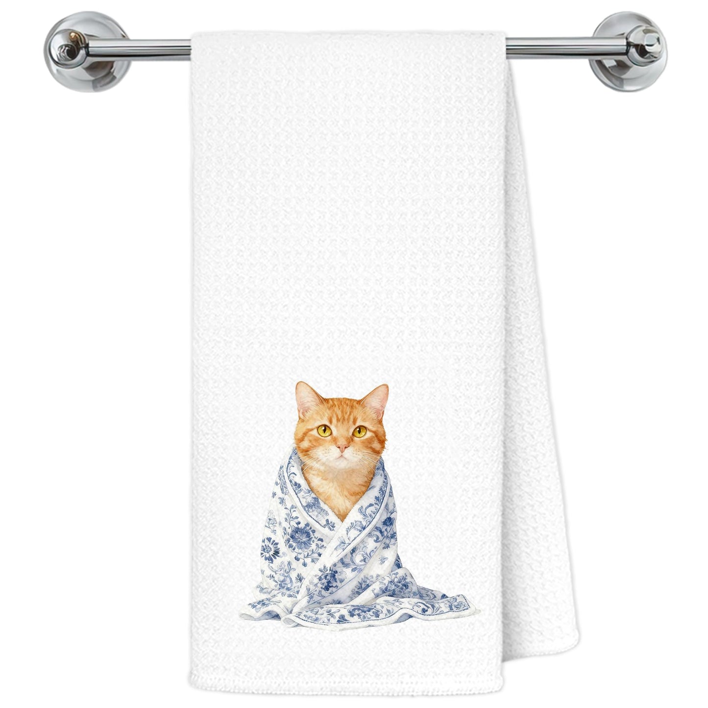 Blue and White Chinoiserie Orange Cat Bathroom Hand Towels, Orange Cat Gifts, Funny Oriental Kitty Decorative Hand Towels Bathroom Restroom Washroom Yoga Spa Zen Decor, 16x24 Inch BST326L