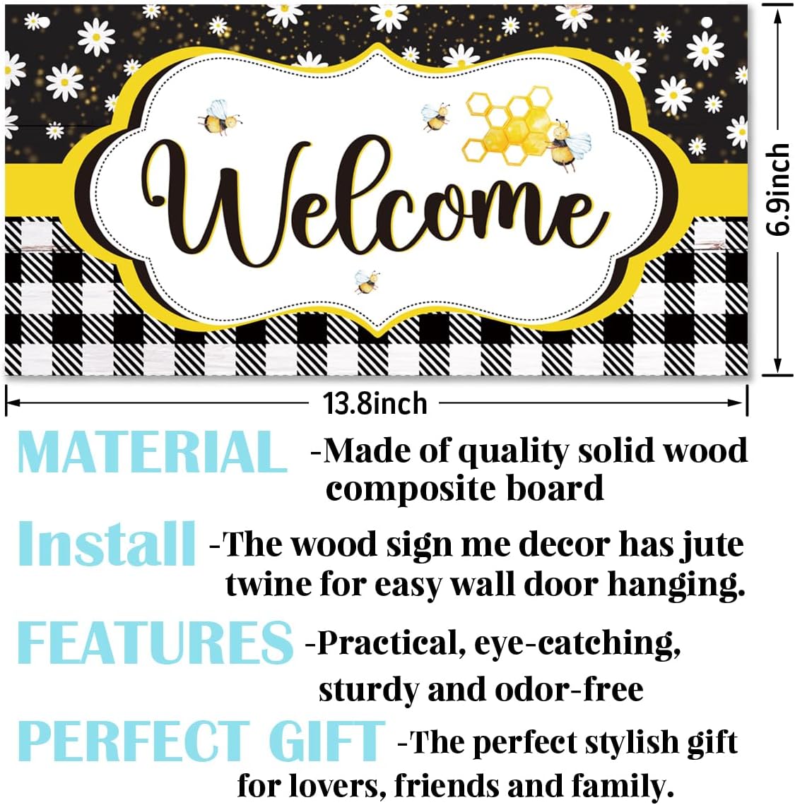 Daisy and Bee Welcome Sign, Rustic Daisy Summer Welcome Sign for Front Door, Farmhouse Home Porch Garden Yard Decor, Rustic Contemporary Farmhouse Wall Decor BST202
