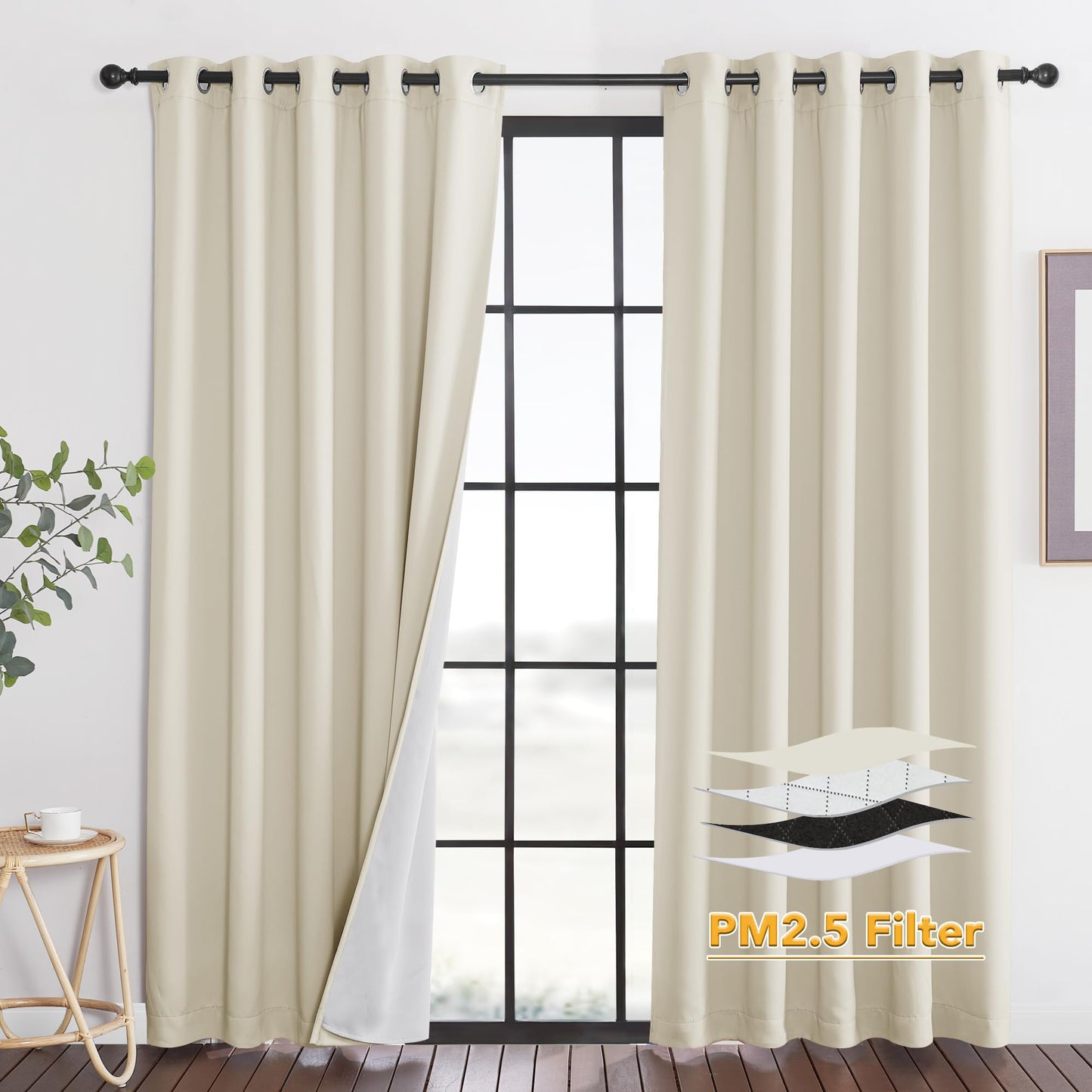 RYB HOME 4-in-1 Dust Filtering Soundproof Blackout Insulating Privacy Window Curtains for Nursery Bedroom Living Room Rivider Sound Absorption Sheet, Black, W52 x L90 inch, 2 Panels BST220