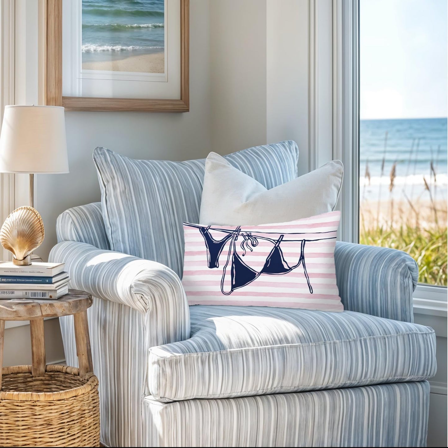 Coastal Beach Girly Room Decor 12x20 Pillow Cover, Preppy Beach Navy Blue Bikini Striped Decorative Lumbar Pillow Covers for Girls Bedroom College Dorm Sofa Couch BST326L